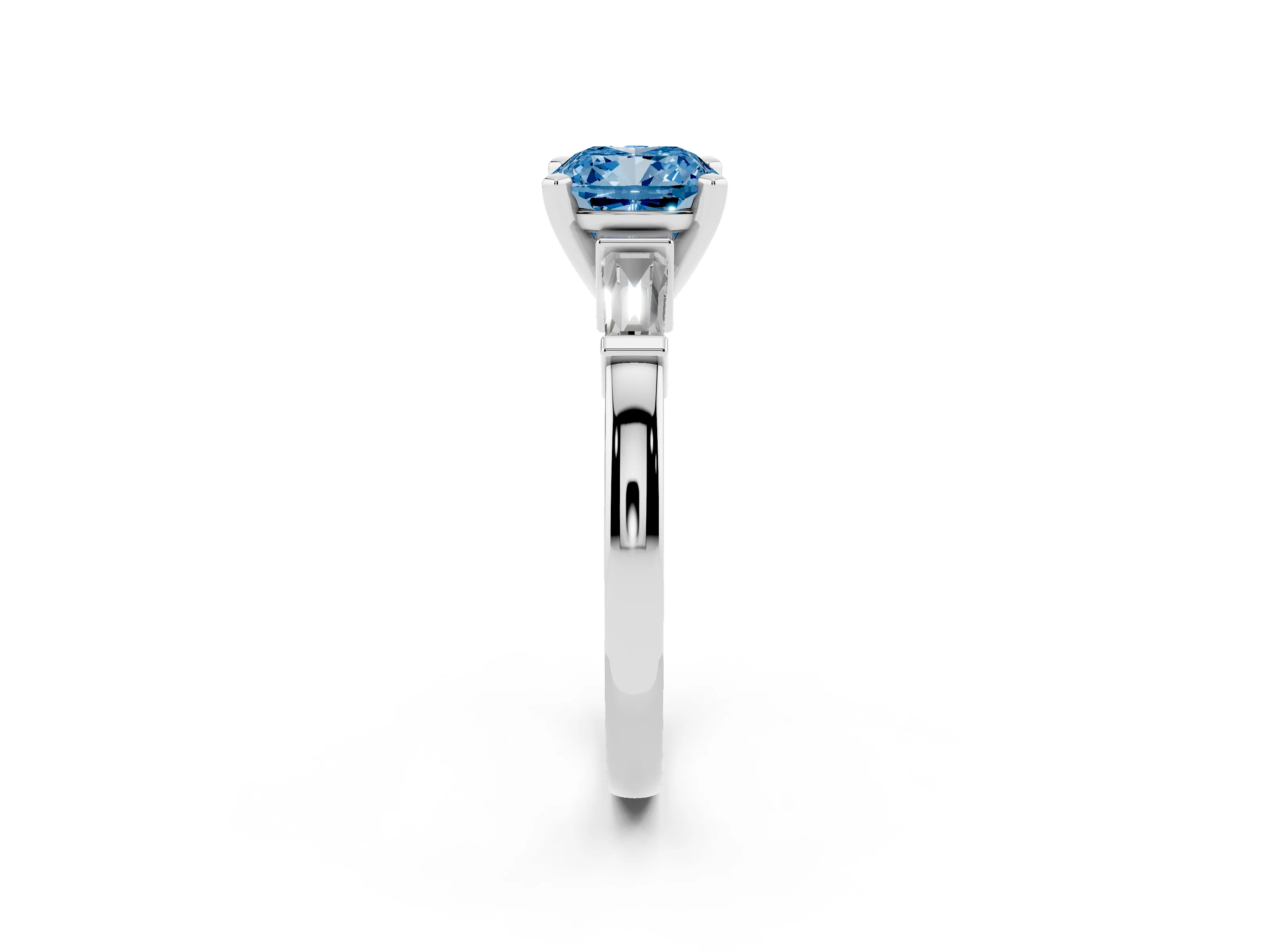 Fancy Blue Cushion Cut Diamond Solitaire Ring Set in Platinum with Tapered Baguette Accents and Prong Setting