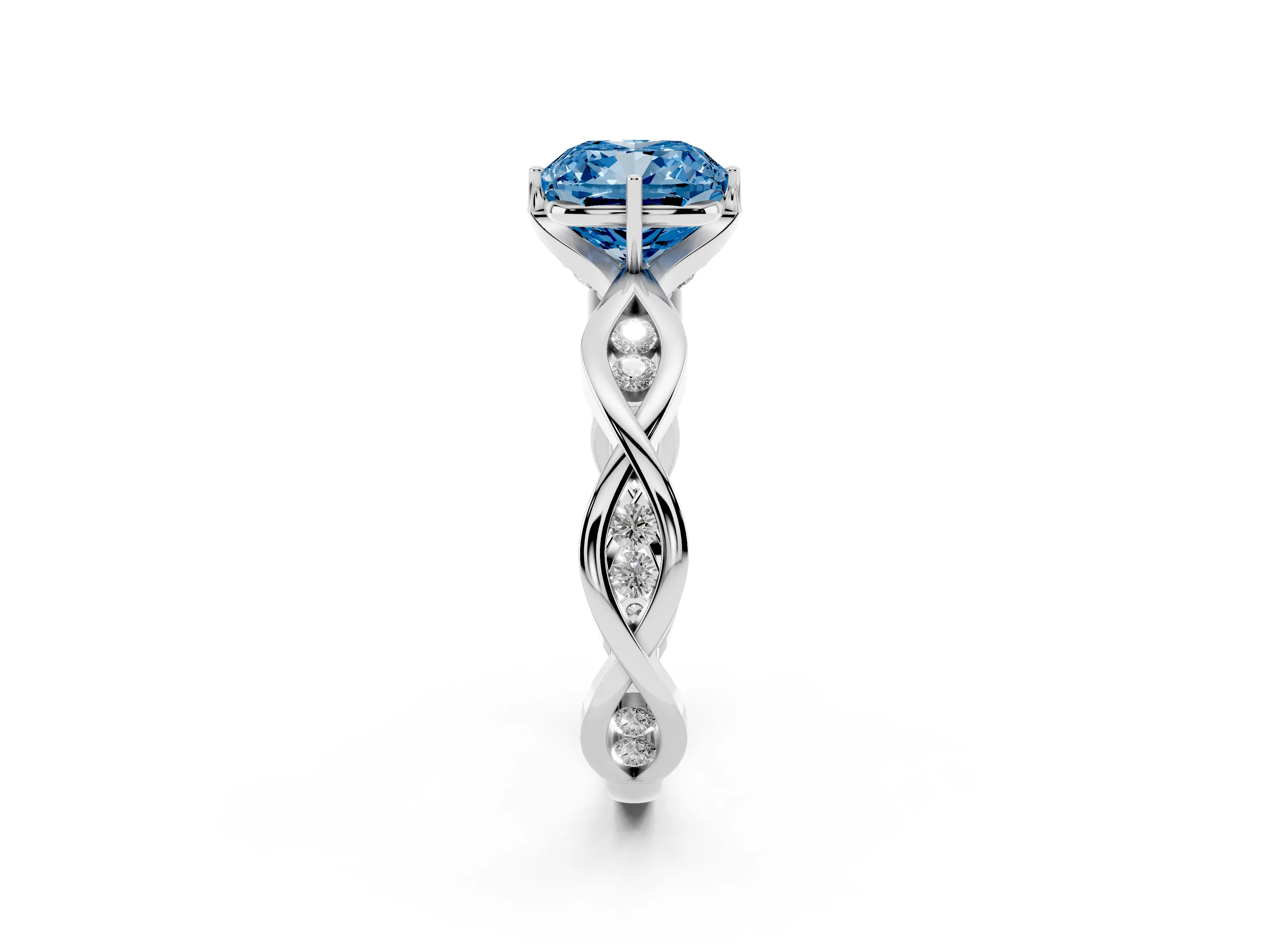 Fancy Blue Cushion Cut Diamond Twist Band Solitaire Ring Set in Silver with Leaf Prong Setting and Accent Stones