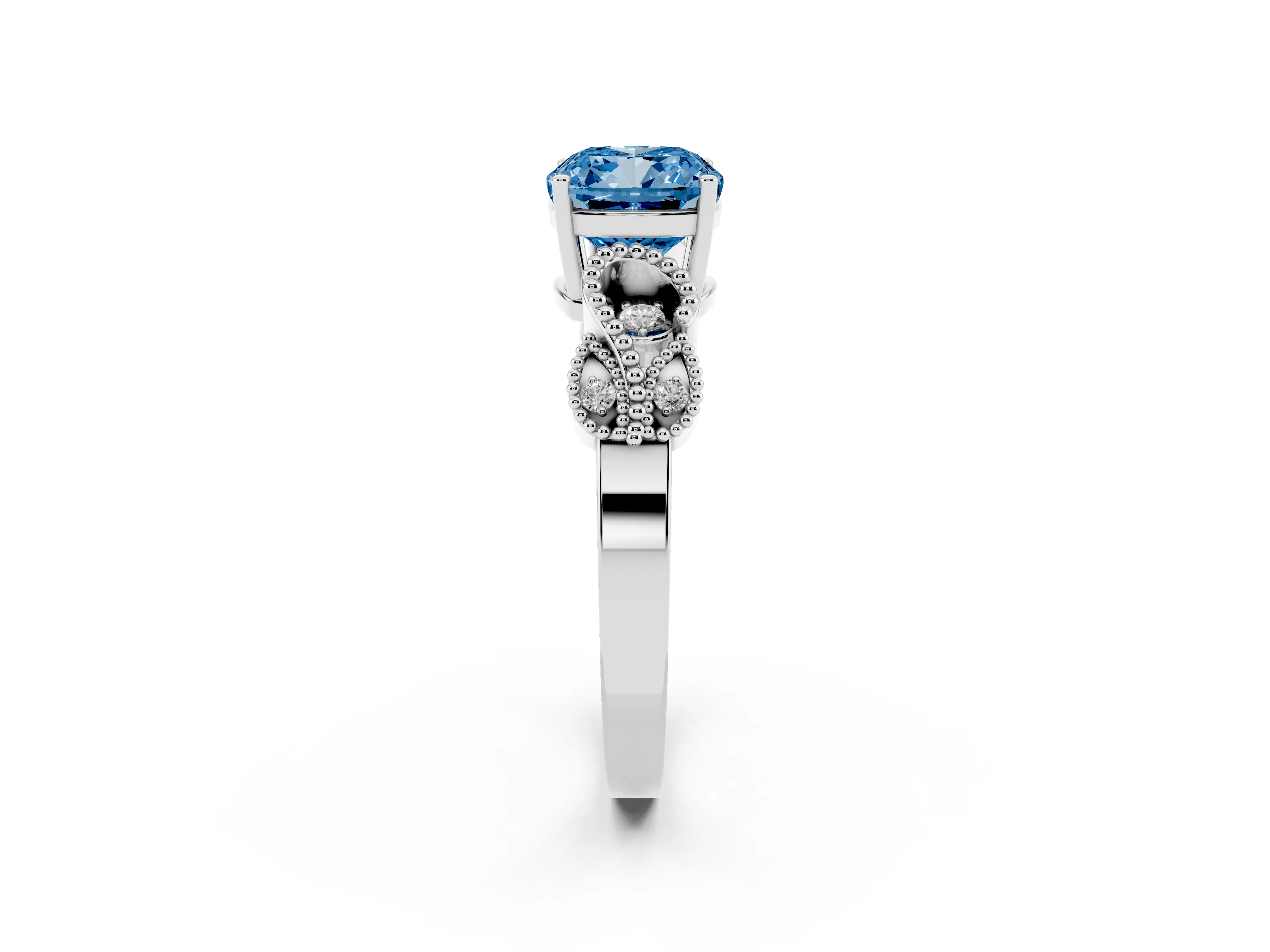 Fancy Blue Cushion Cut Diamond Milgrain Leaf Band Solitaire Ring Set in Silver with Accent Stones and Prong Setting