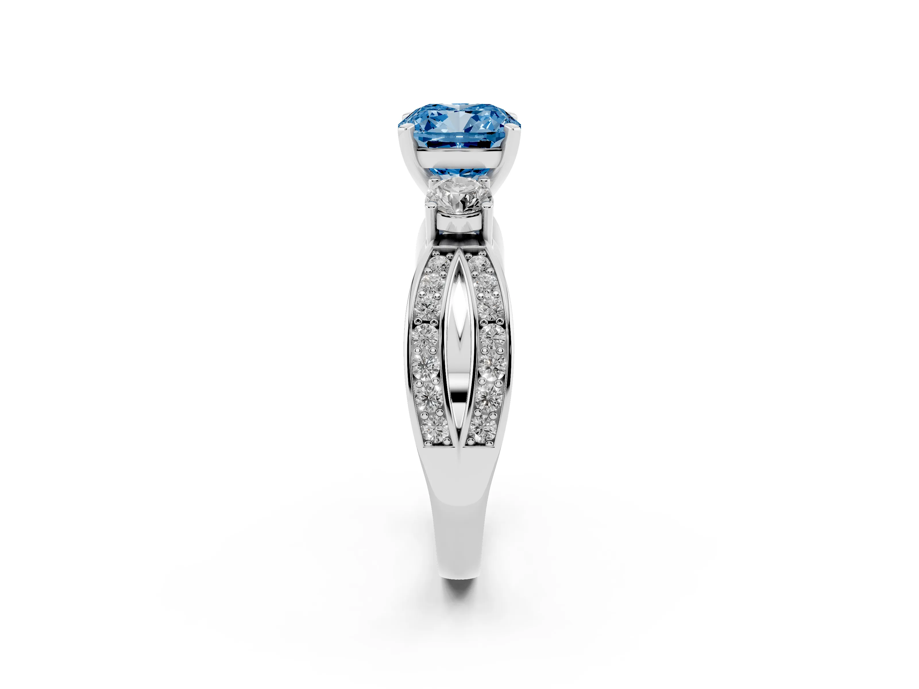 Fancy Blue Three-Stone Cushion Cut Diamond Twist Band Ring Set in Silver with Pavé Accents and Prong Setting