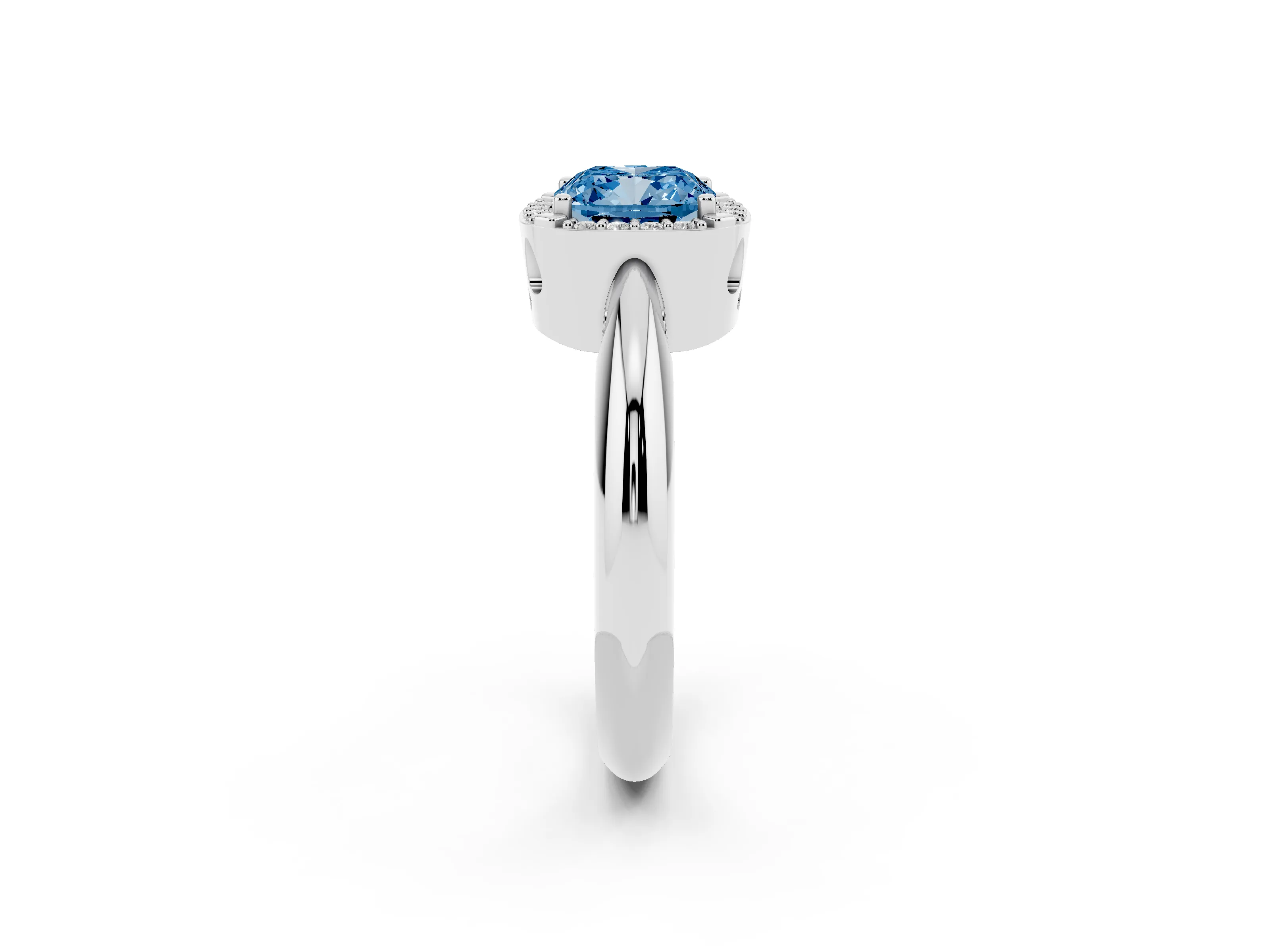 Fancy Blue Cushion Cut Diamond Halo Engagement Ring Set in Platinum with Plain Split Shank and Prong Setting