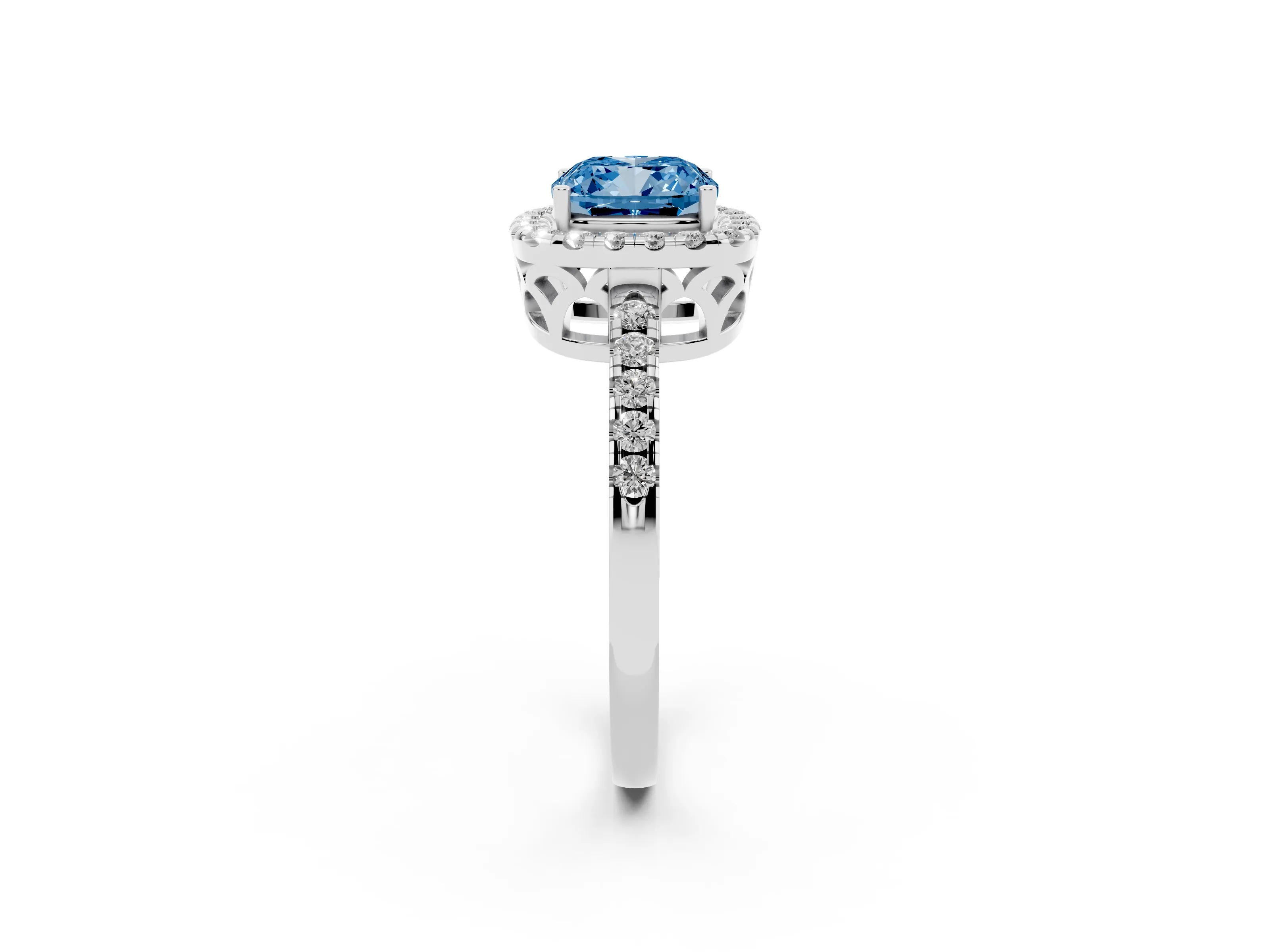 Fancy Blue Cushion Cut Diamond Pavé Band Halo Engagement Ring Set in Platinum with Prong Setting
