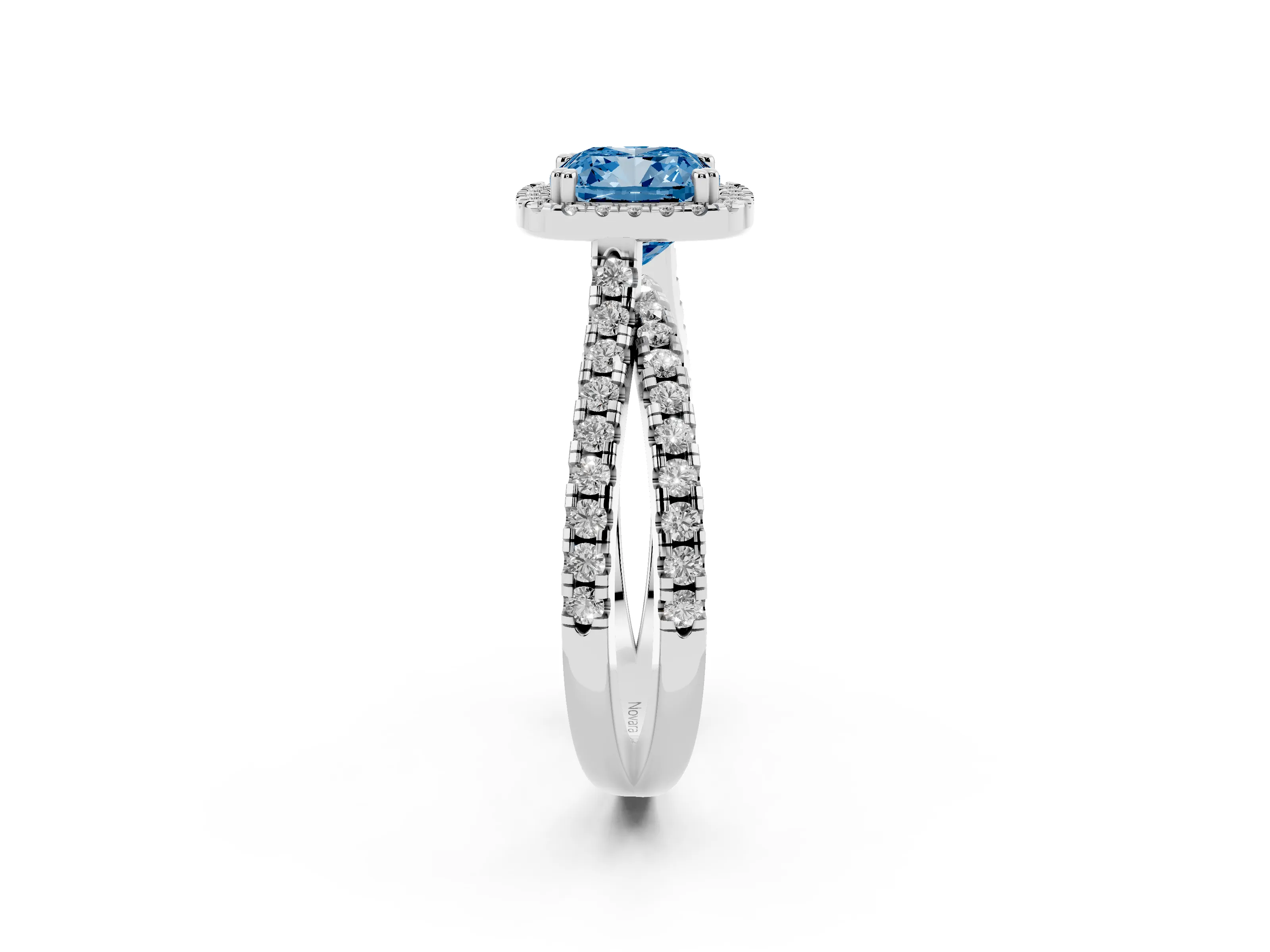 Fancy Blue Cushion Cut Diamond Halo Split Shank Ring Set in Platinum with Pavé Setting
