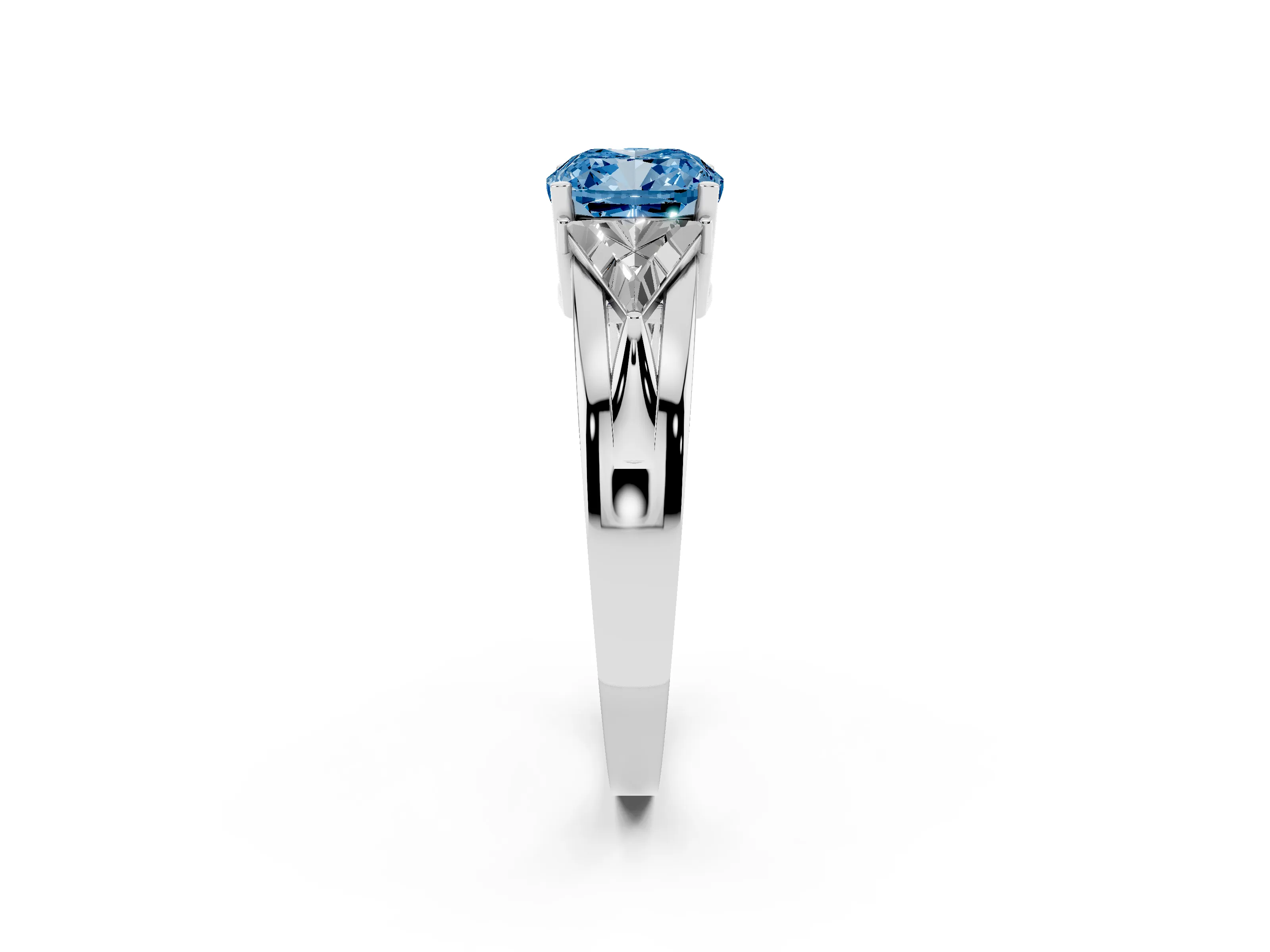 Fancy Blue Cushion Cut Diamond Three-Stone Ring Set in Platinum with Trillion Side Stones and Split Shank