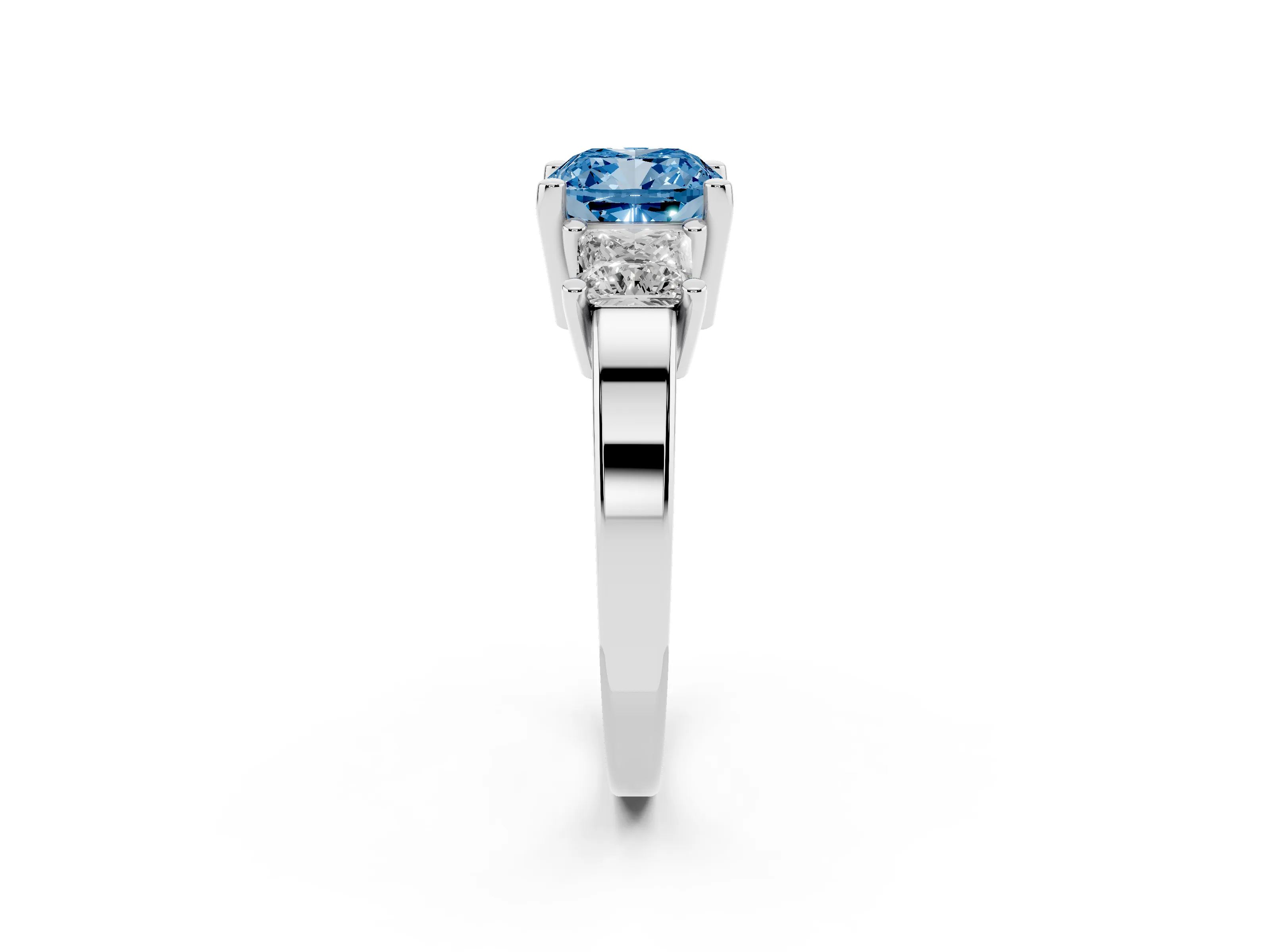Fancy Blue Three-Stone Cushion Cut Diamond Solitaire Ring Set in Silver with Prong Setting