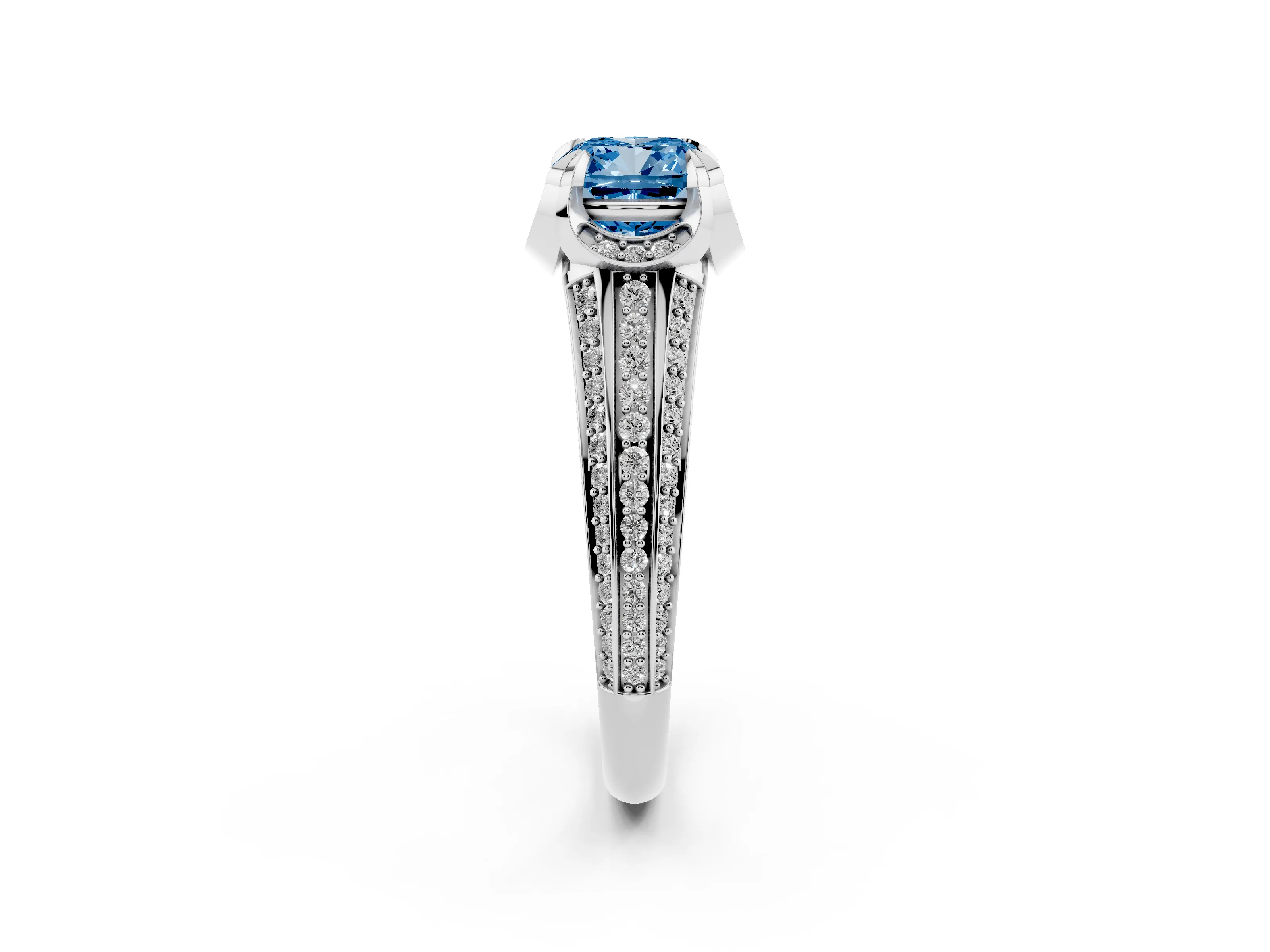 Fancy Blue Cushion Cut Diamond Pavé Split Shank Solitaire Ring Set in Platinum with Prong Setting