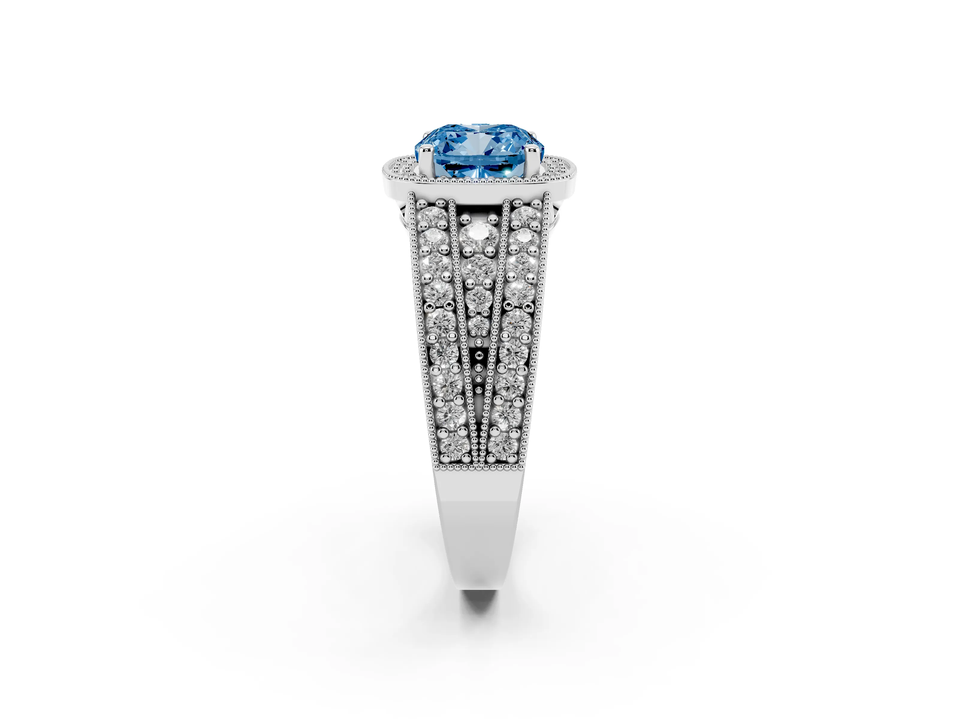 Fancy Blue Cushion Cut Diamond Halo Ring Set in Platinum with Accent Split Shank and Prong Setting