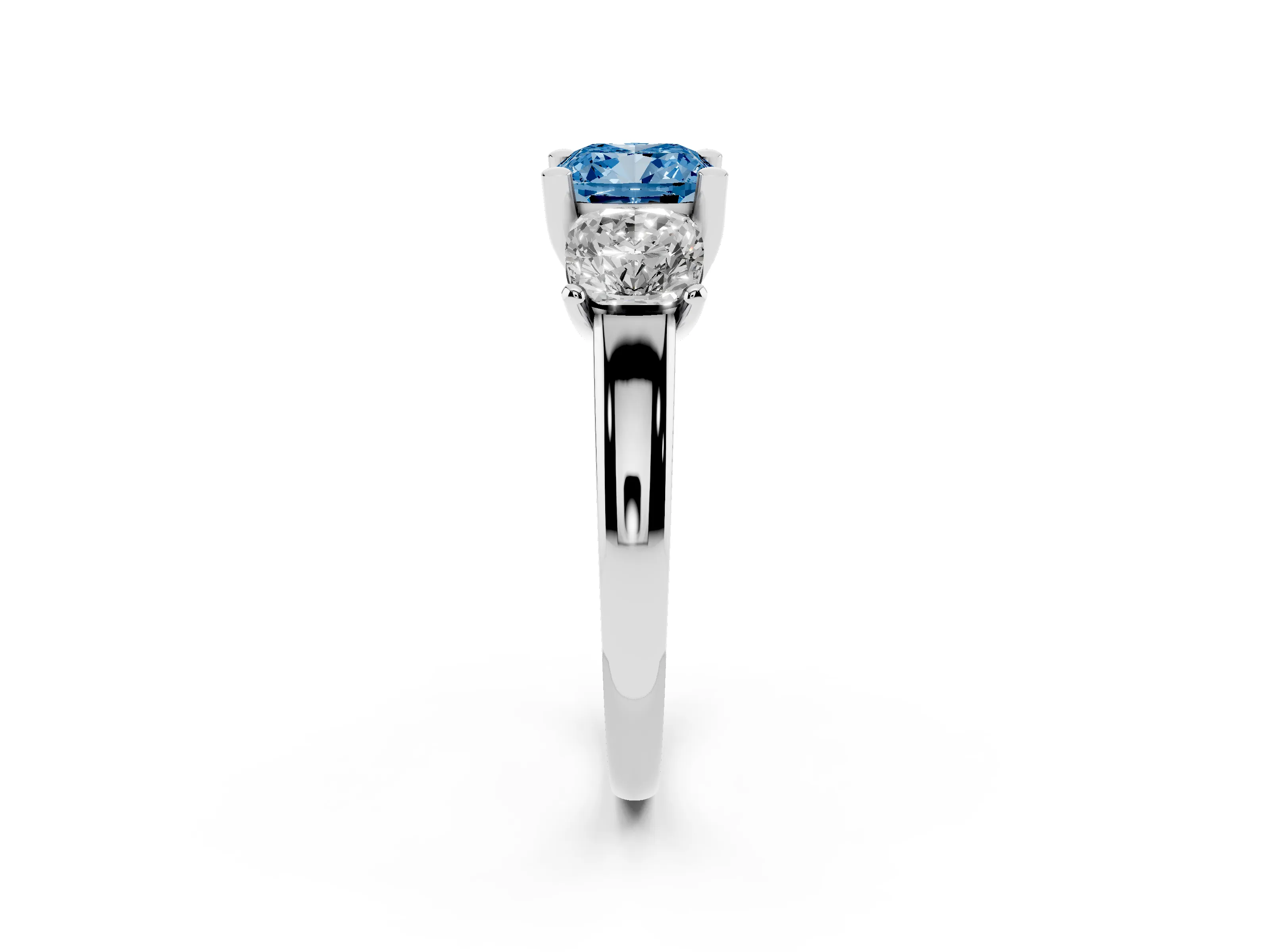 Fancy Blue Cushion Cut Diamond Three-Stone Ring Set in White gold with Classic Prong Setting and Plain Band