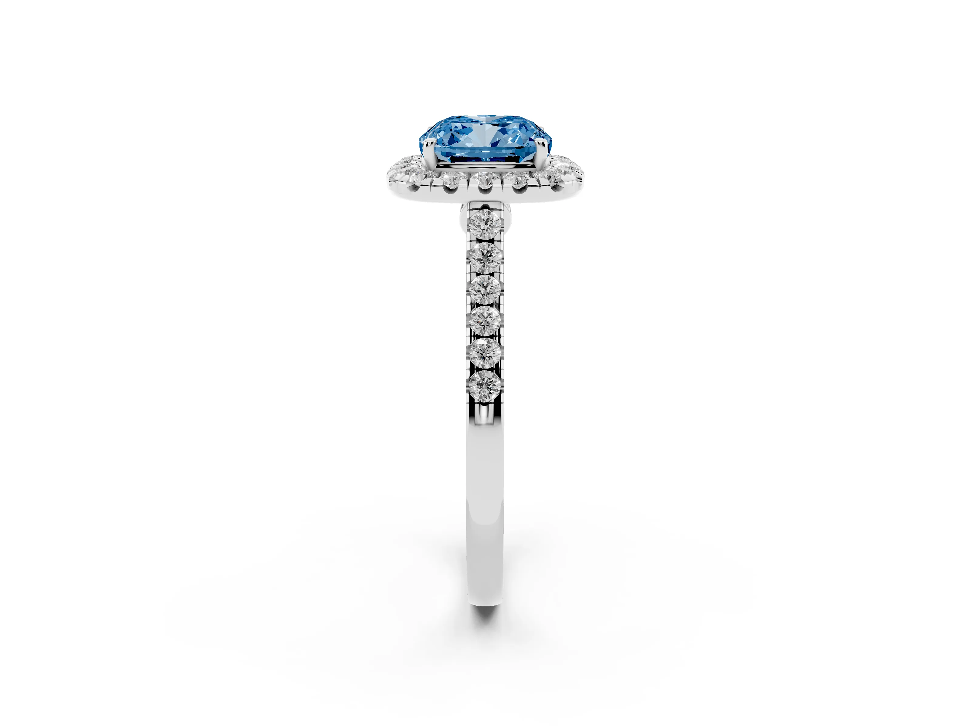 Fancy Blue Cushion Cut Diamond Halo Pavé Engagement Ring Set in White gold with Prong Setting