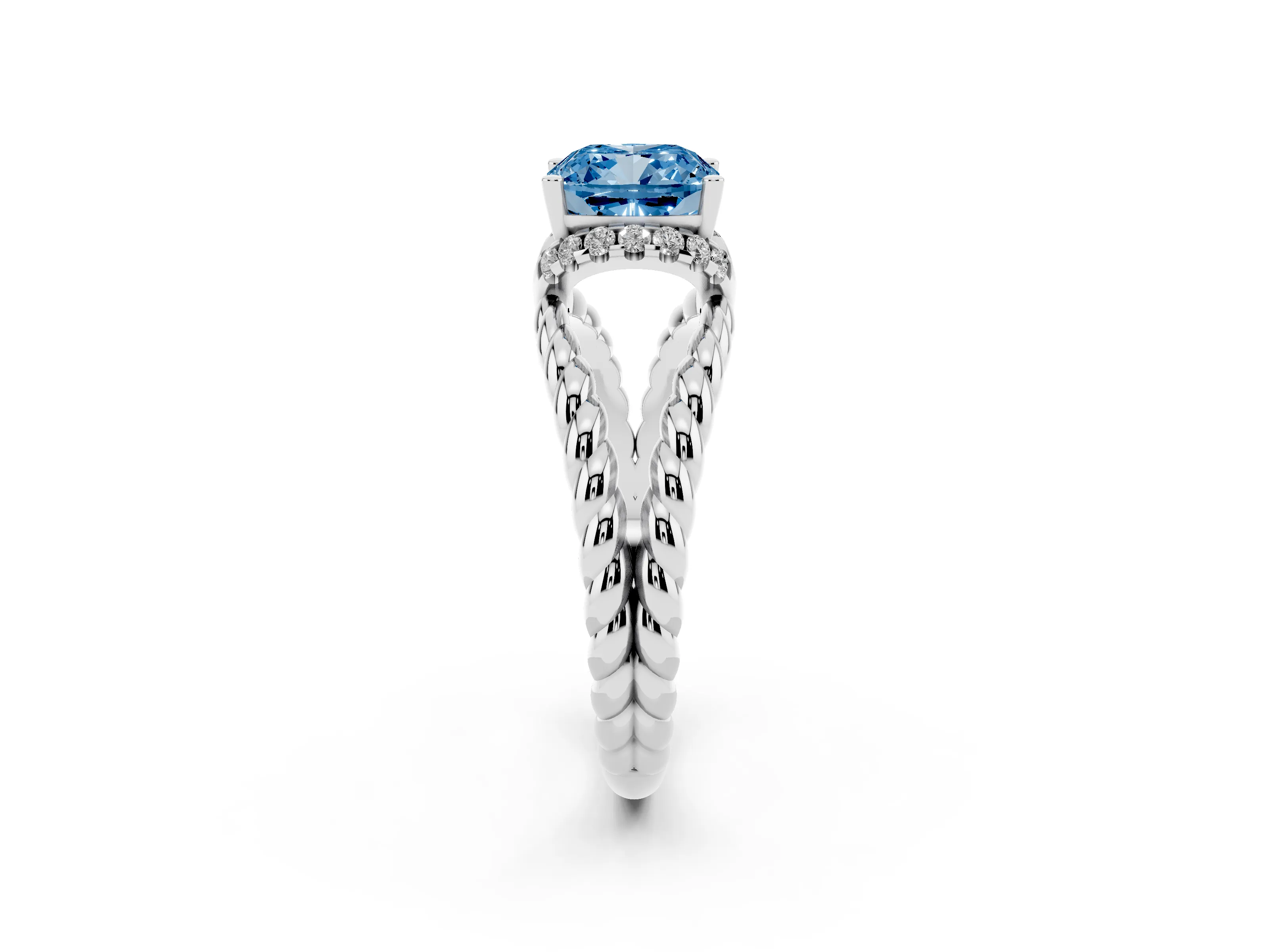 Fancy Blue Cushion Cut Diamond Halo Ring Set in White gold with Twisted Band and Prong Setting