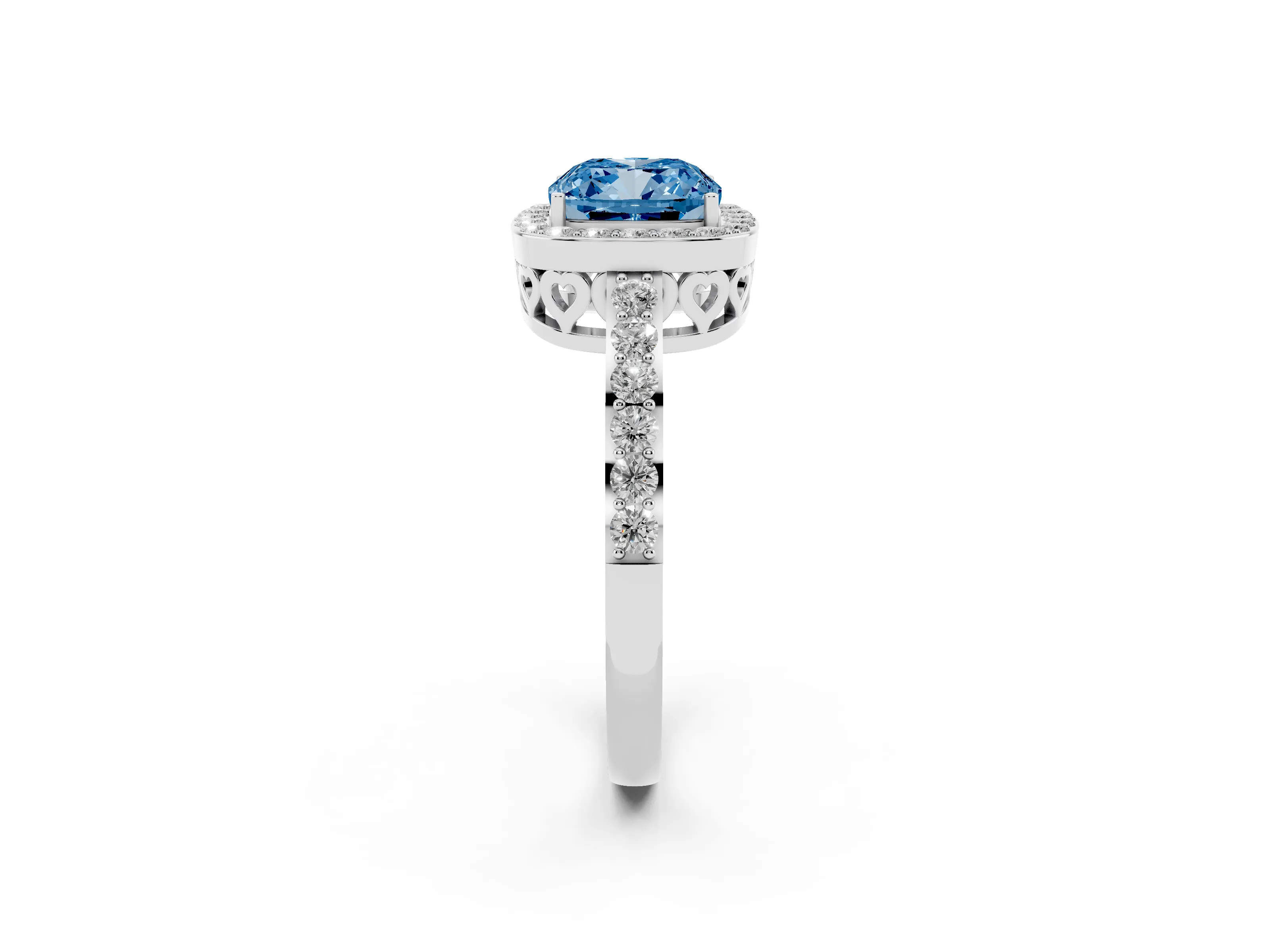 Fancy Blue Cushion Cut Diamond Halo Ring Set in Platinum with Pavé-Setting Band and Open Prong Center