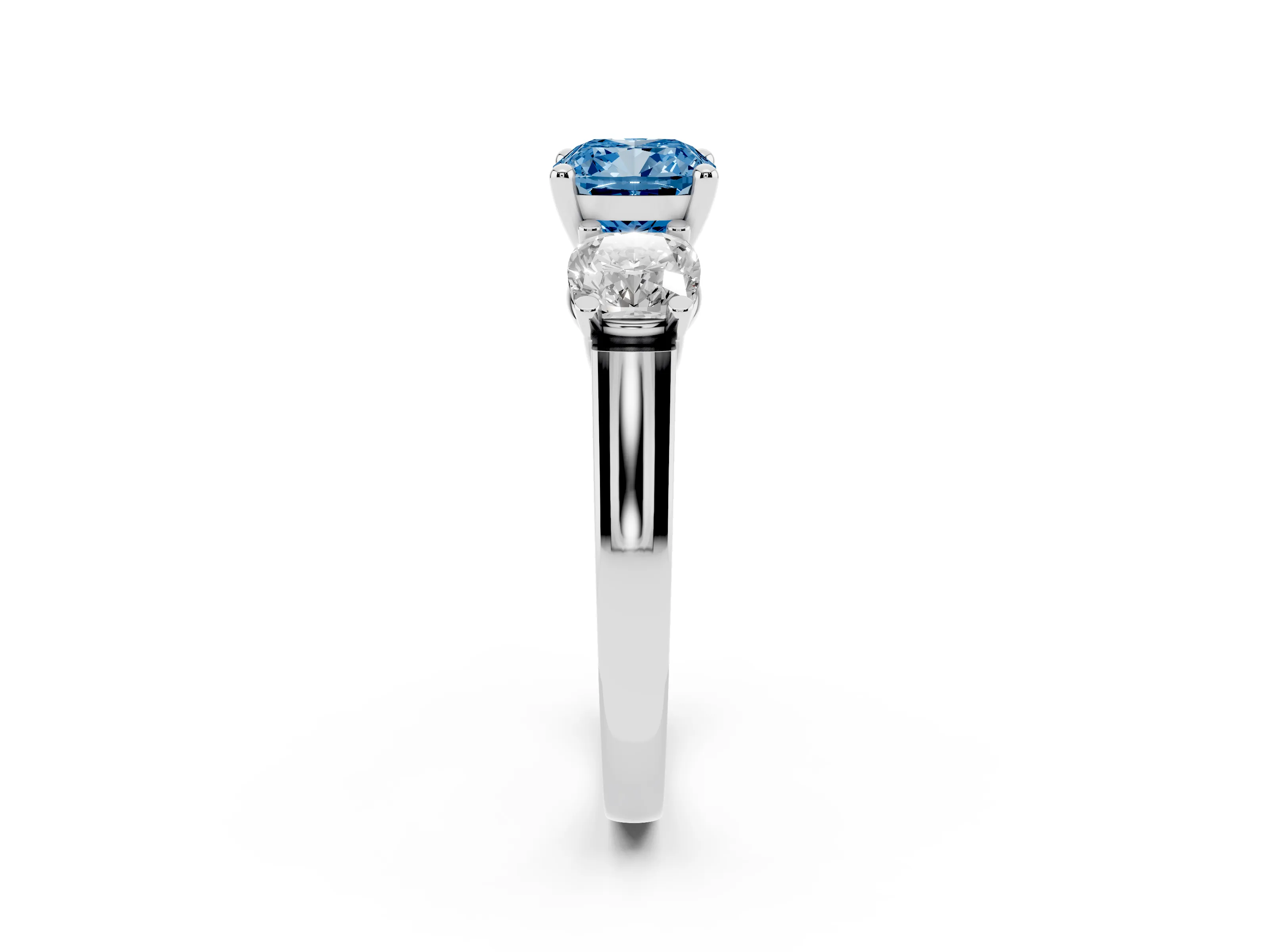 Fancy Blue Cushion Cut Diamond Three-Stone Trellis Ring Set in White gold with Comfort Fit Band
