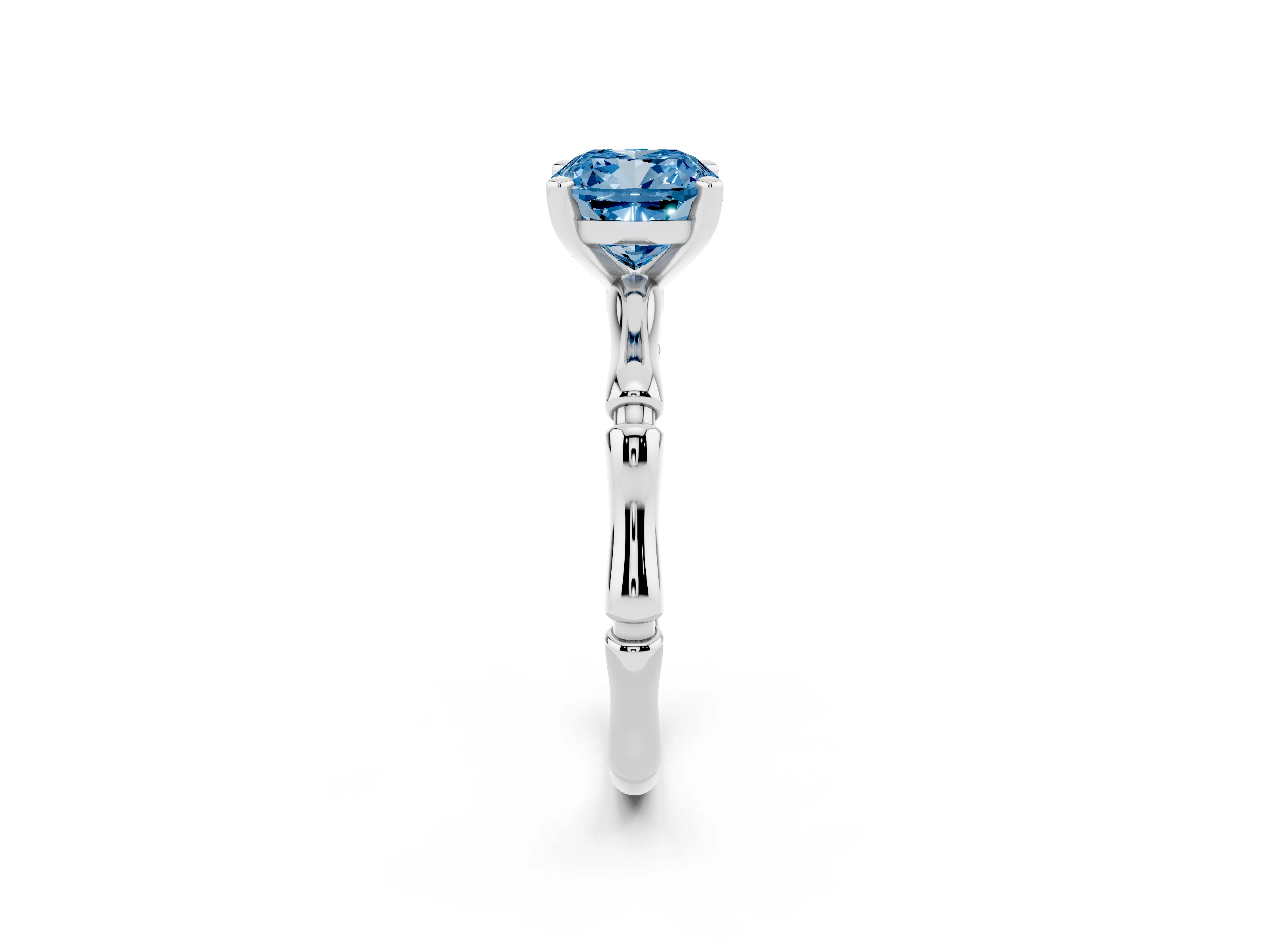 Fancy Blue Cushion Cut Diamond Solitaire Ring Set in White gold with Bamboo Band and Prong Setting