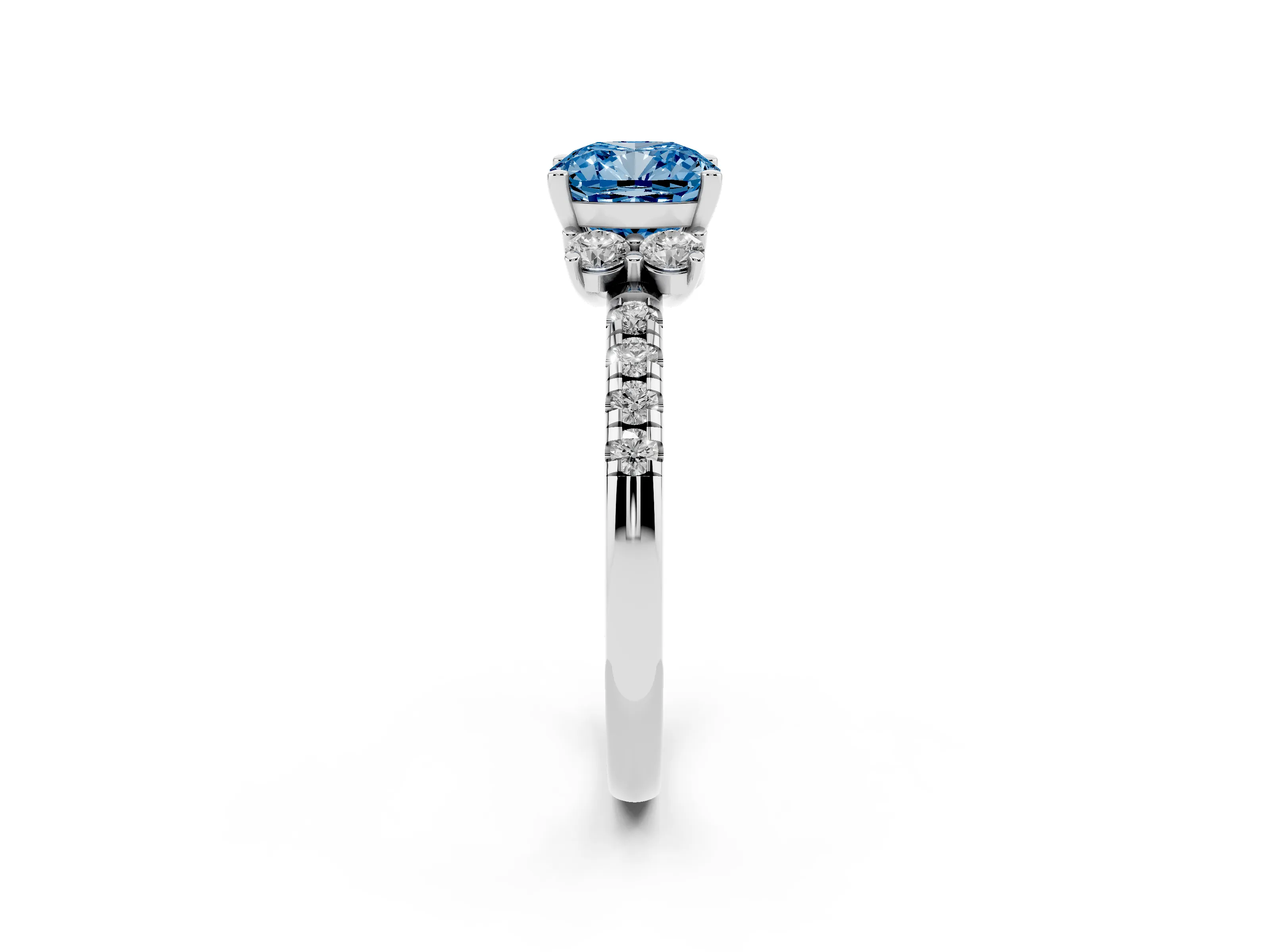 Fancy Blue Cushion Cut Diamond Three-Stone Pavé Ring Set in White gold with Prong Setting