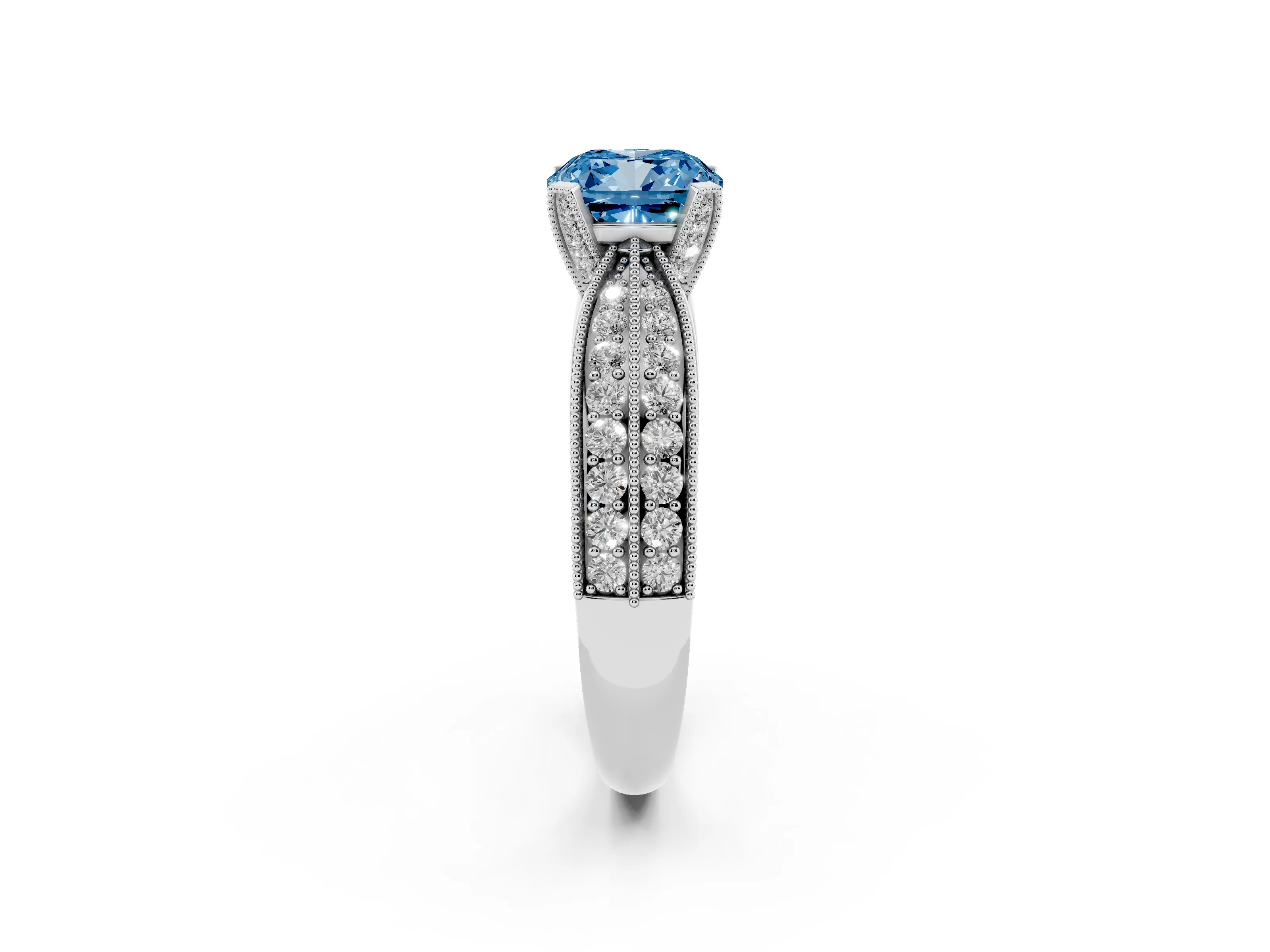 Fancy Blue Cushion Cut Diamond Solitaire Ring Set in White gold with Milgrain Double Row Round Pavé Band