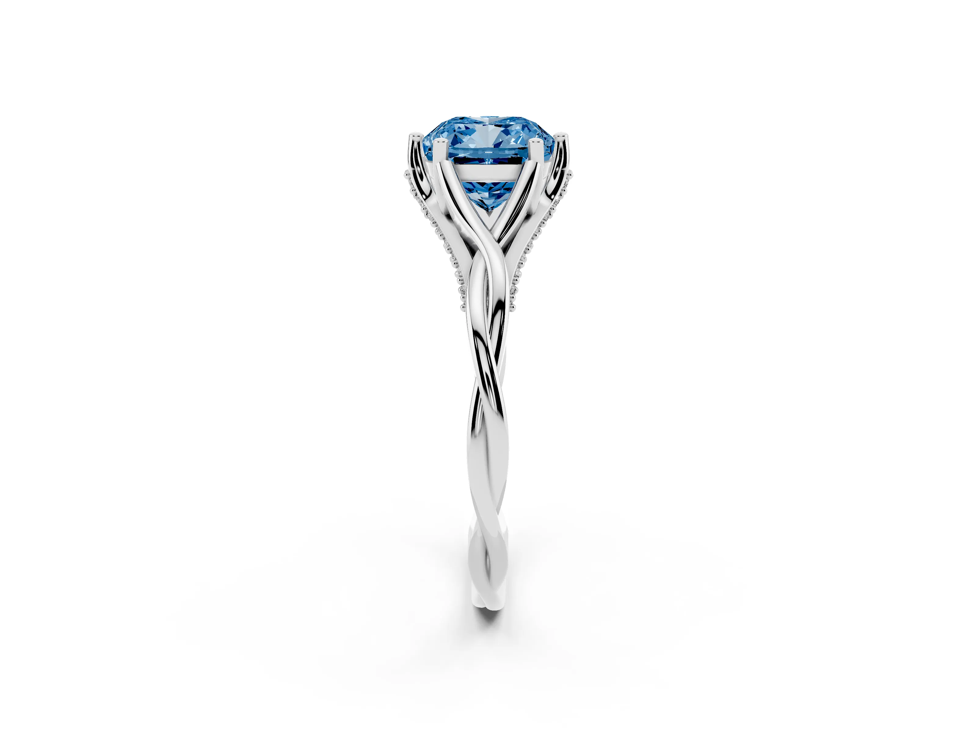 Fancy Blue Cushion Cut Diamond Intertwined Twist Band Solitaire Ring Set in White gold with Prong Setting