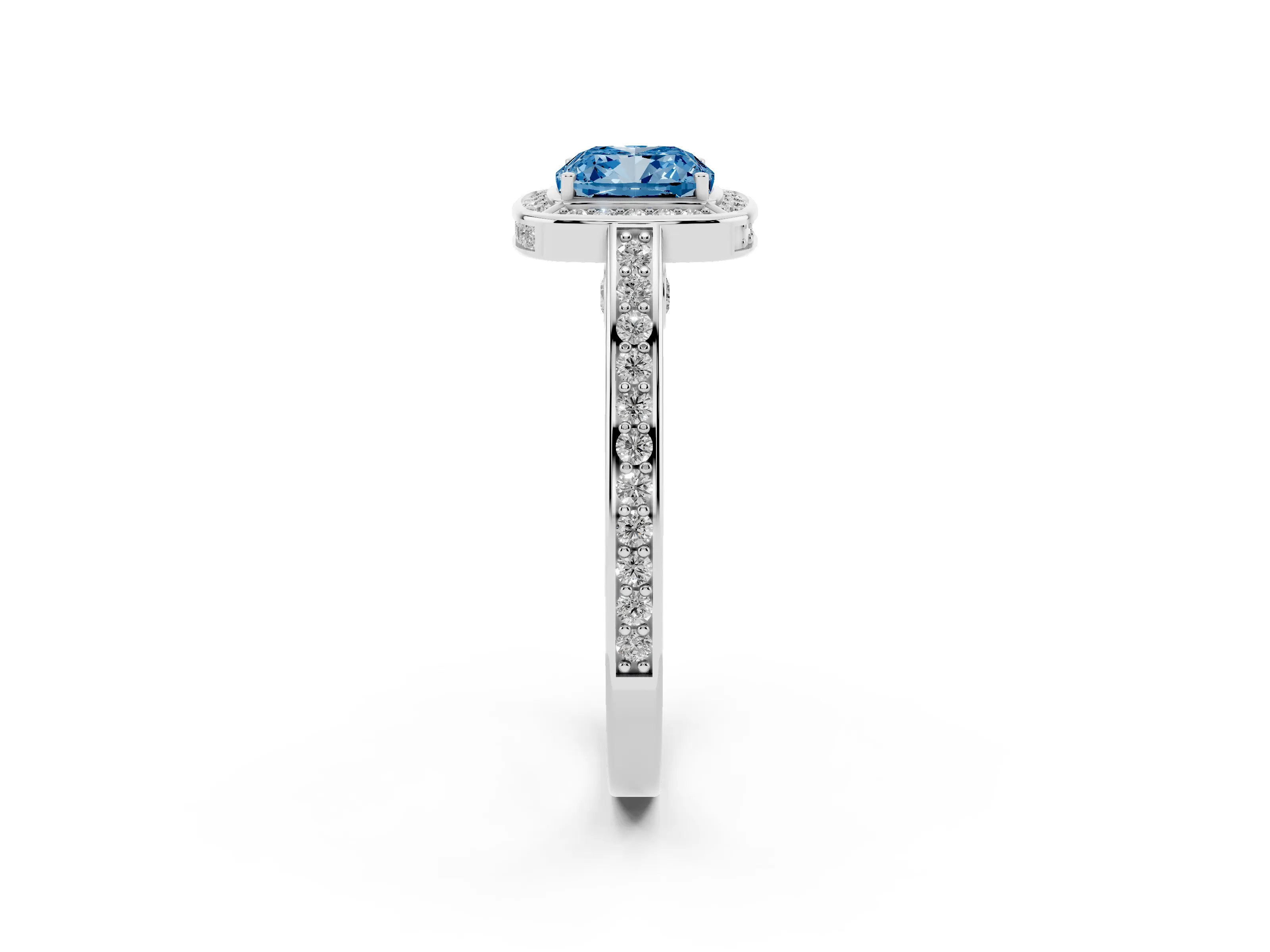 Fancy Blue Cushion Cut Diamond Halo Pavé Split Shank Ring Set in White gold with Prong Setting