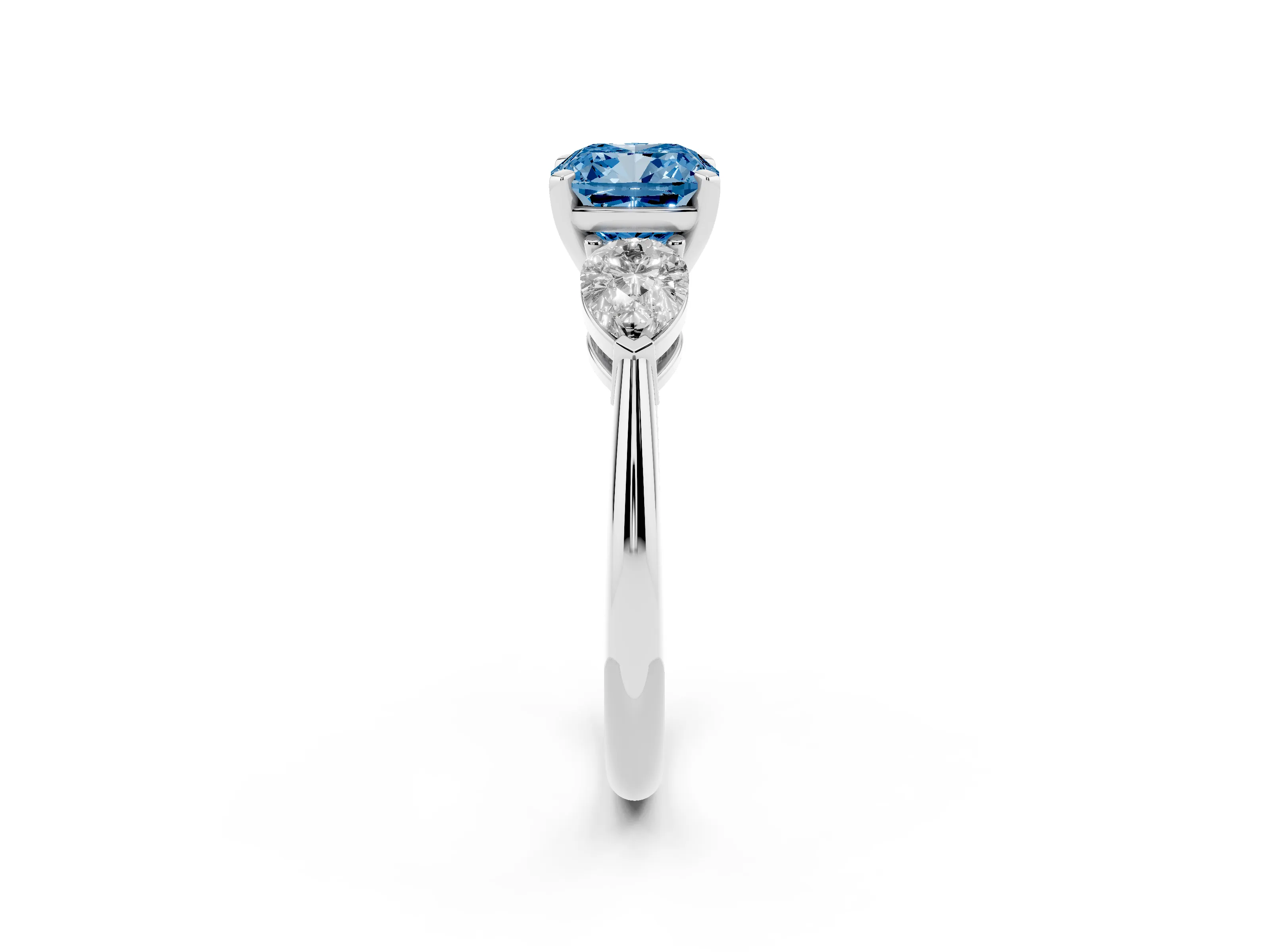 Fancy Blue Three-Stone Cushion Cut Diamond Ring Set in Silver with Pear Side Stones and Prong Setting