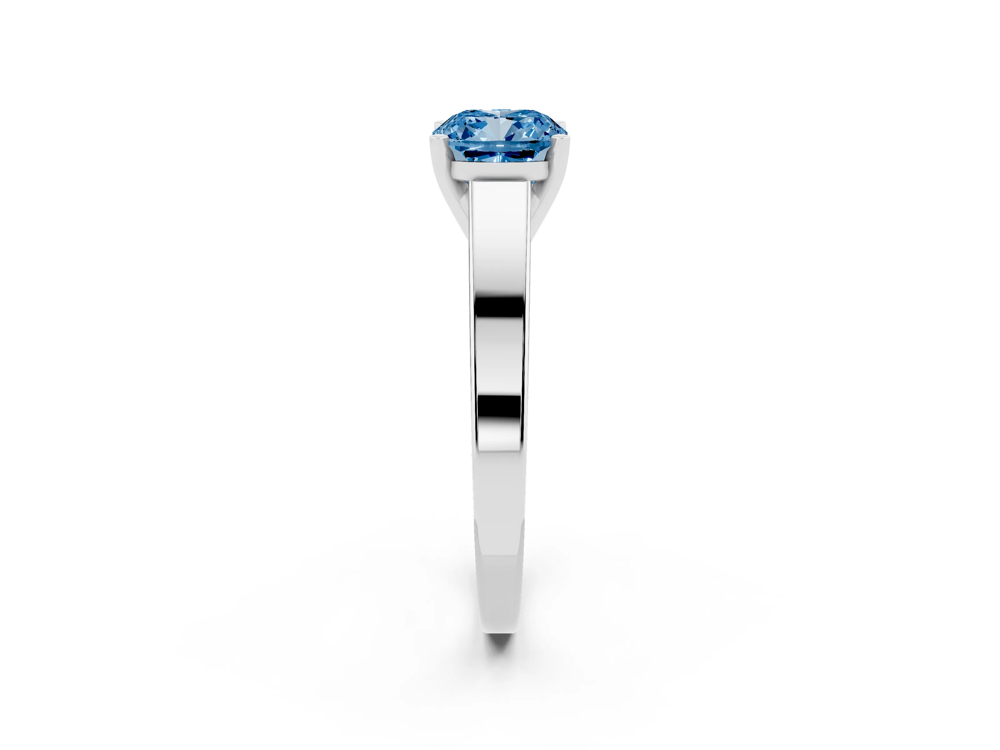 Fancy Blue Cushion Cut Diamond Solitaire Engagement Ring Set in White gold with Prong Setting and Tapered Band