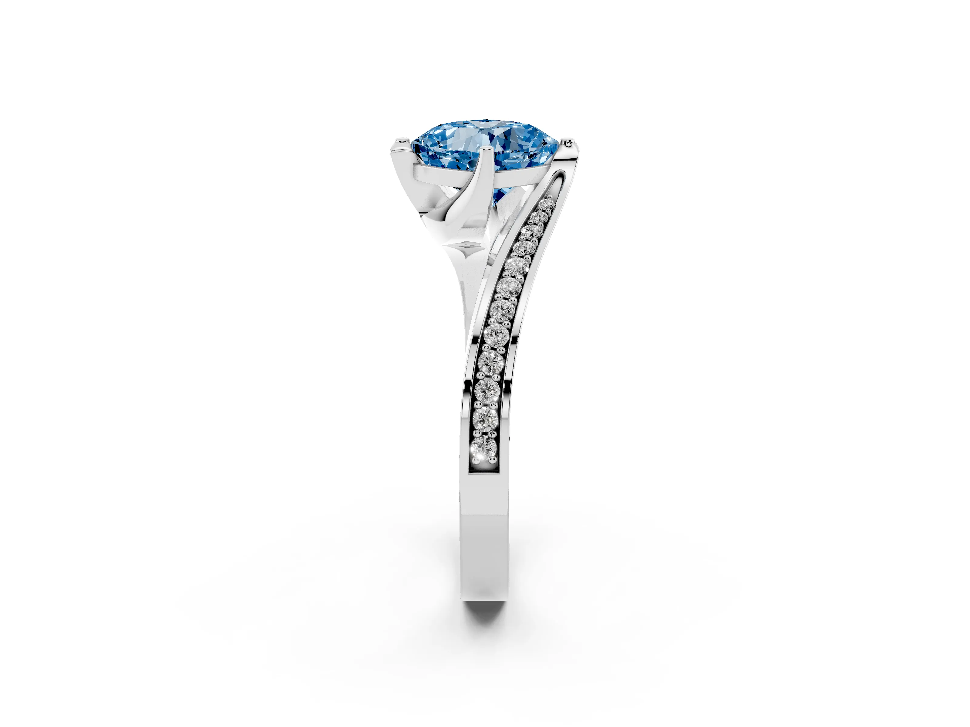 Fancy Blue Cushion Cut Diamond Solitaire Ring Set in White gold with Intertwined Pavé Twist Band