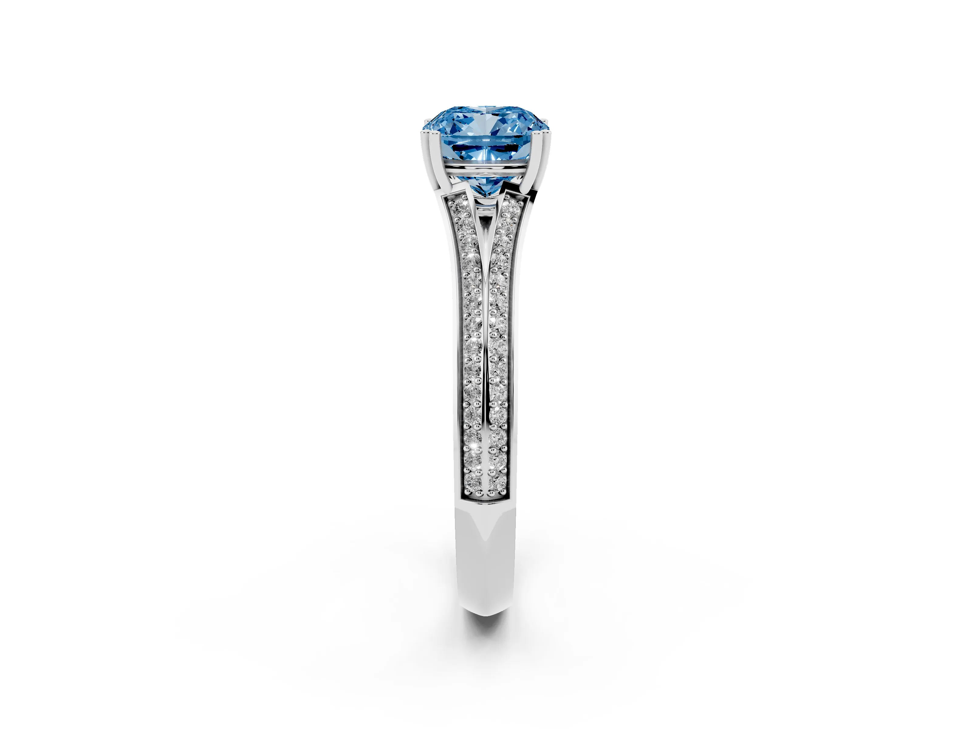 Fancy Blue Cushion Cut Diamond Split Shank Pavé Engagement Ring Set in White gold with Prong-Set Center Stone