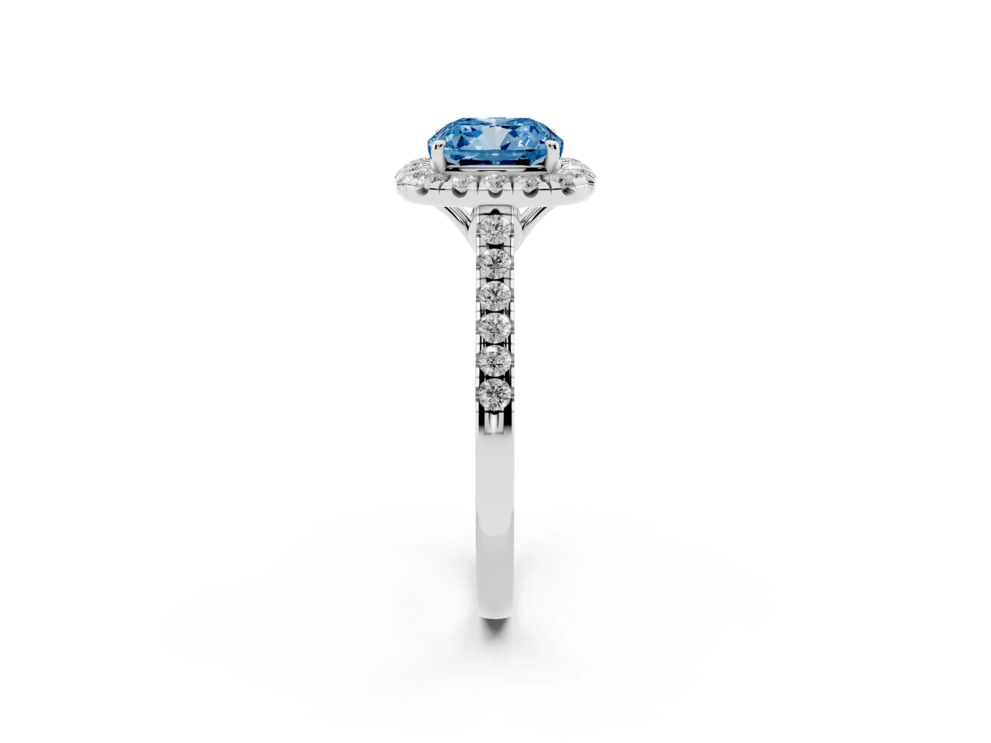 Fancy Blue Cushion Cut Diamond Pavé Halo Engagement Ring Set in Platinum with Pavé Band and Prong Setting