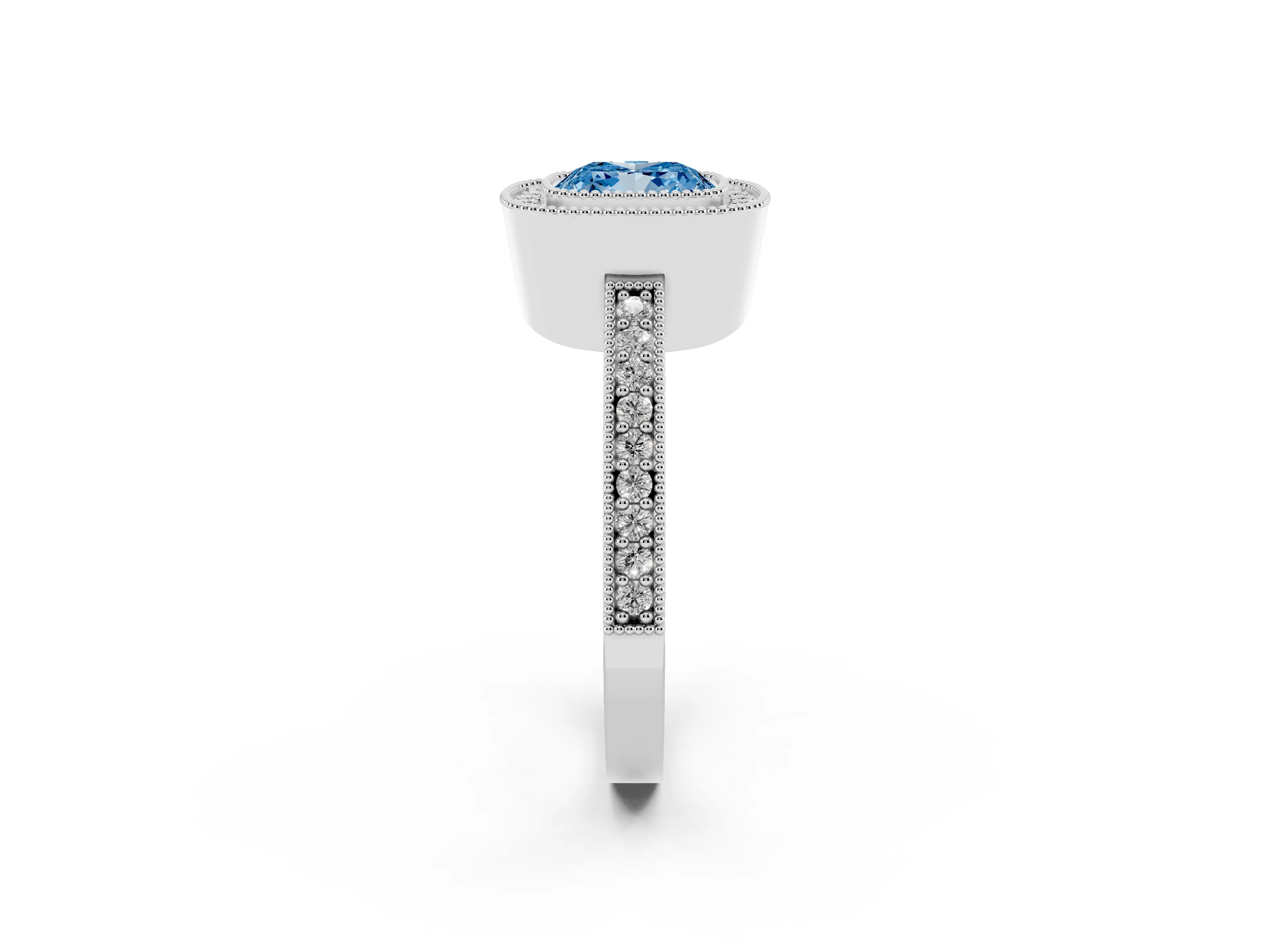 Fancy Blue Cushion Cut Diamond Halo Engagement Ring Set in Platinum with Pavé Band and Round Halo Stones