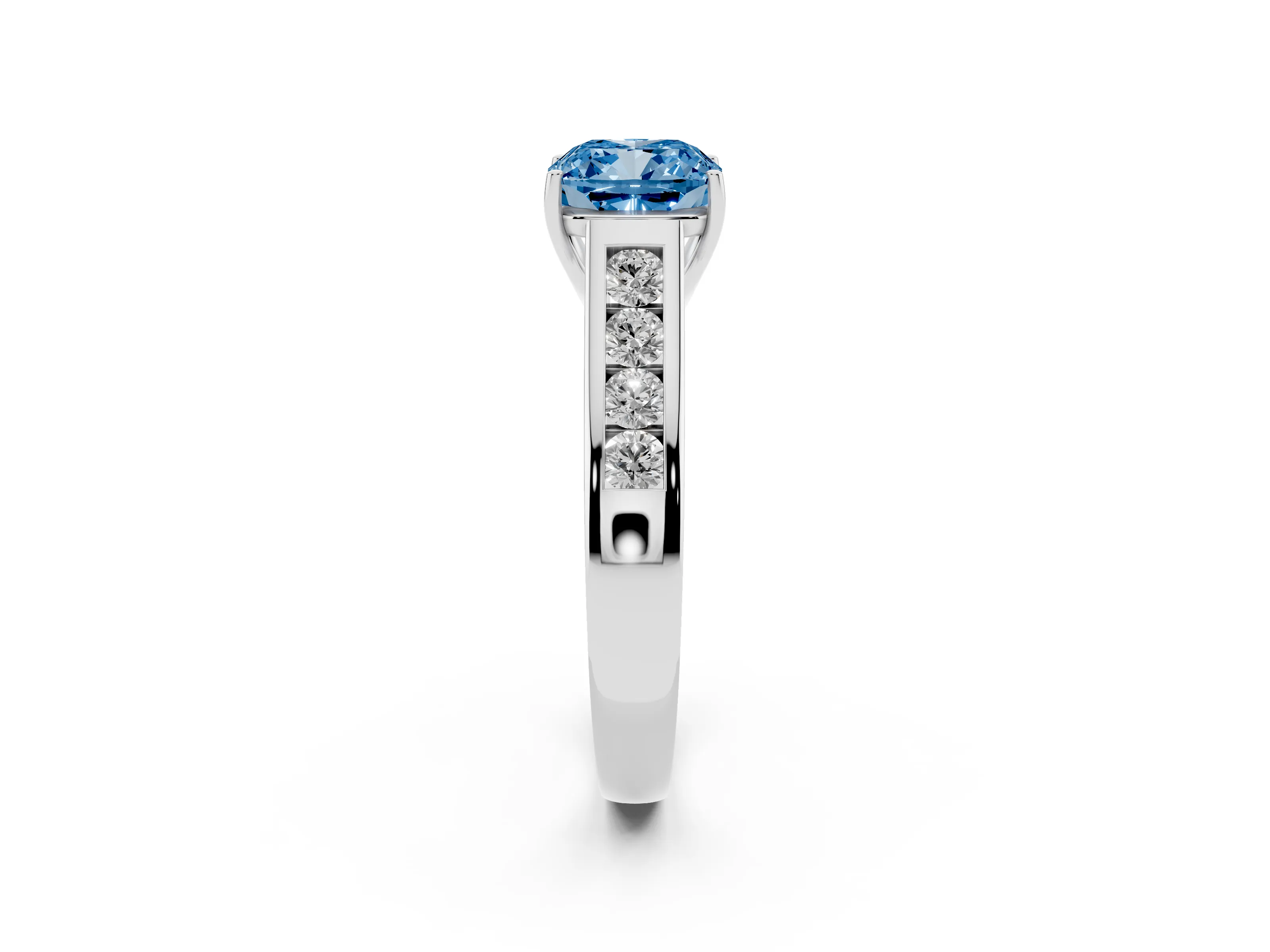 Fancy Blue Cushion Cut Diamond Brilliant Channel-Set Solitaire Ring Set in White gold with Prong Setting