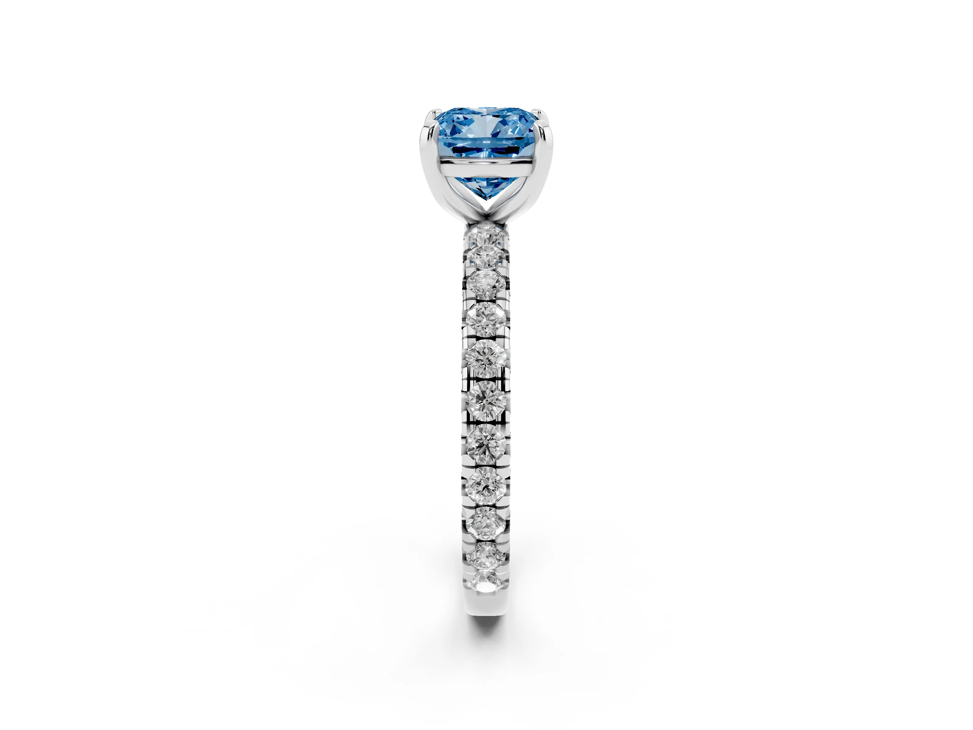 Fancy Blue Cushion Cut Diamond Pavé Solitaire Ring Set in Platinum with Round Band and Prong Setting