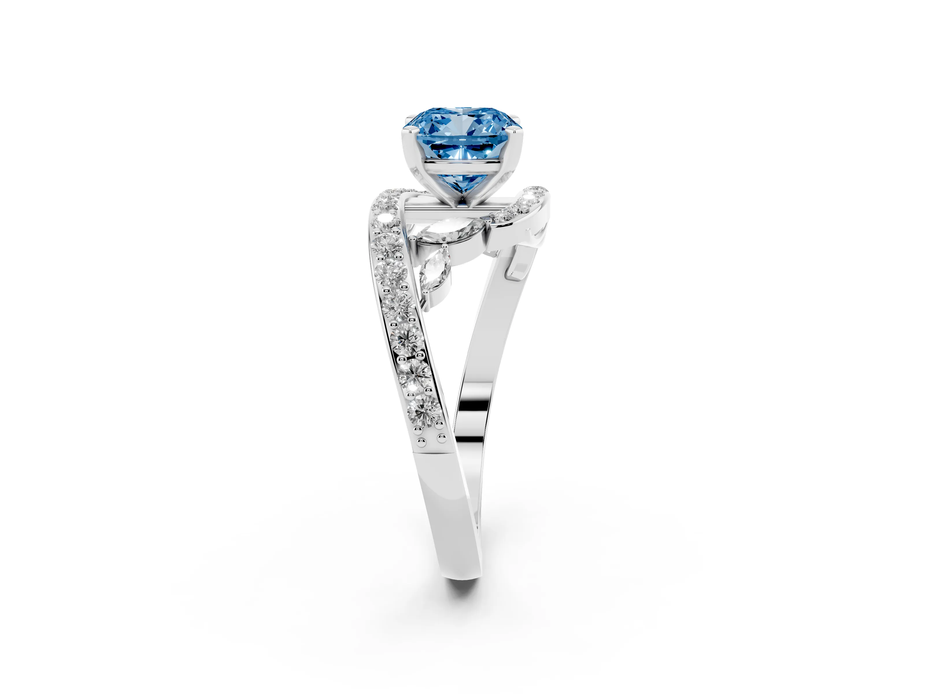 Fancy Blue Cushion Cut Diamond Solitaire Ring Set in Silver with Filigree Band and Prong Setting