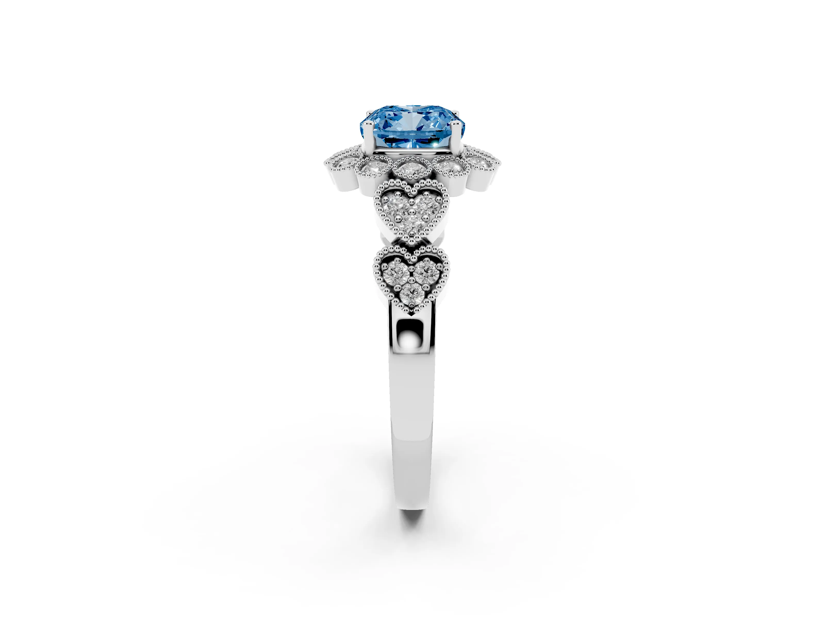 Fancy Blue Cushion Cut Diamond Solitaire Ring Set in Silver with Milgrain Pavé Heart Band