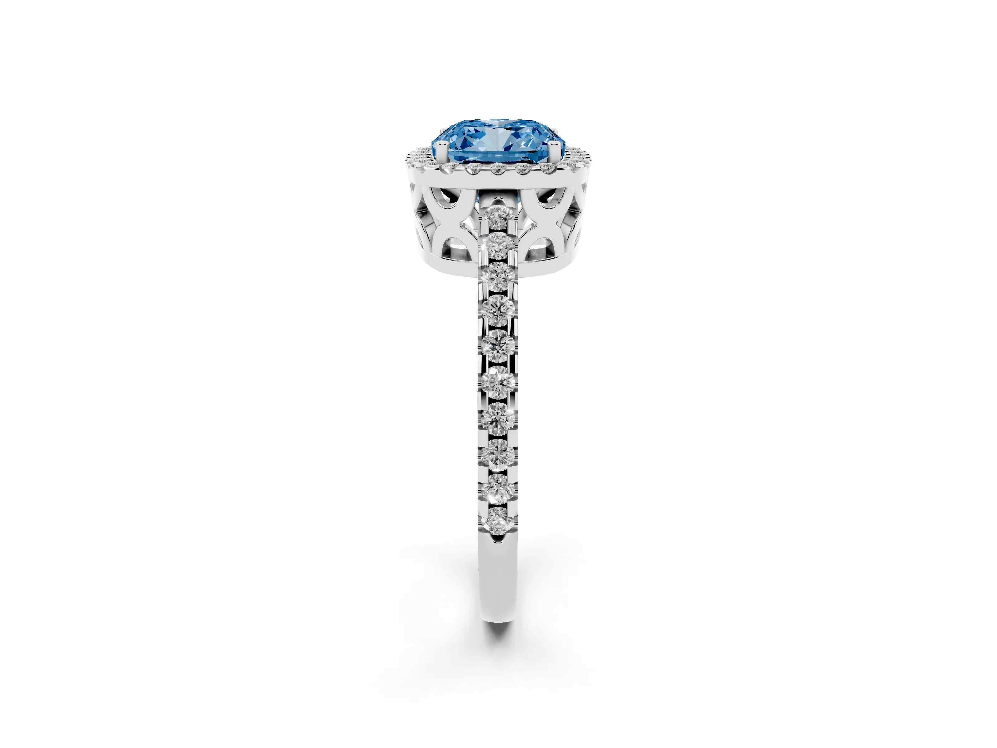 Fancy Blue Cushion Cut Diamond Halo Ring Set in Platinum with Pavé Shoulders and Halo-Framed Center