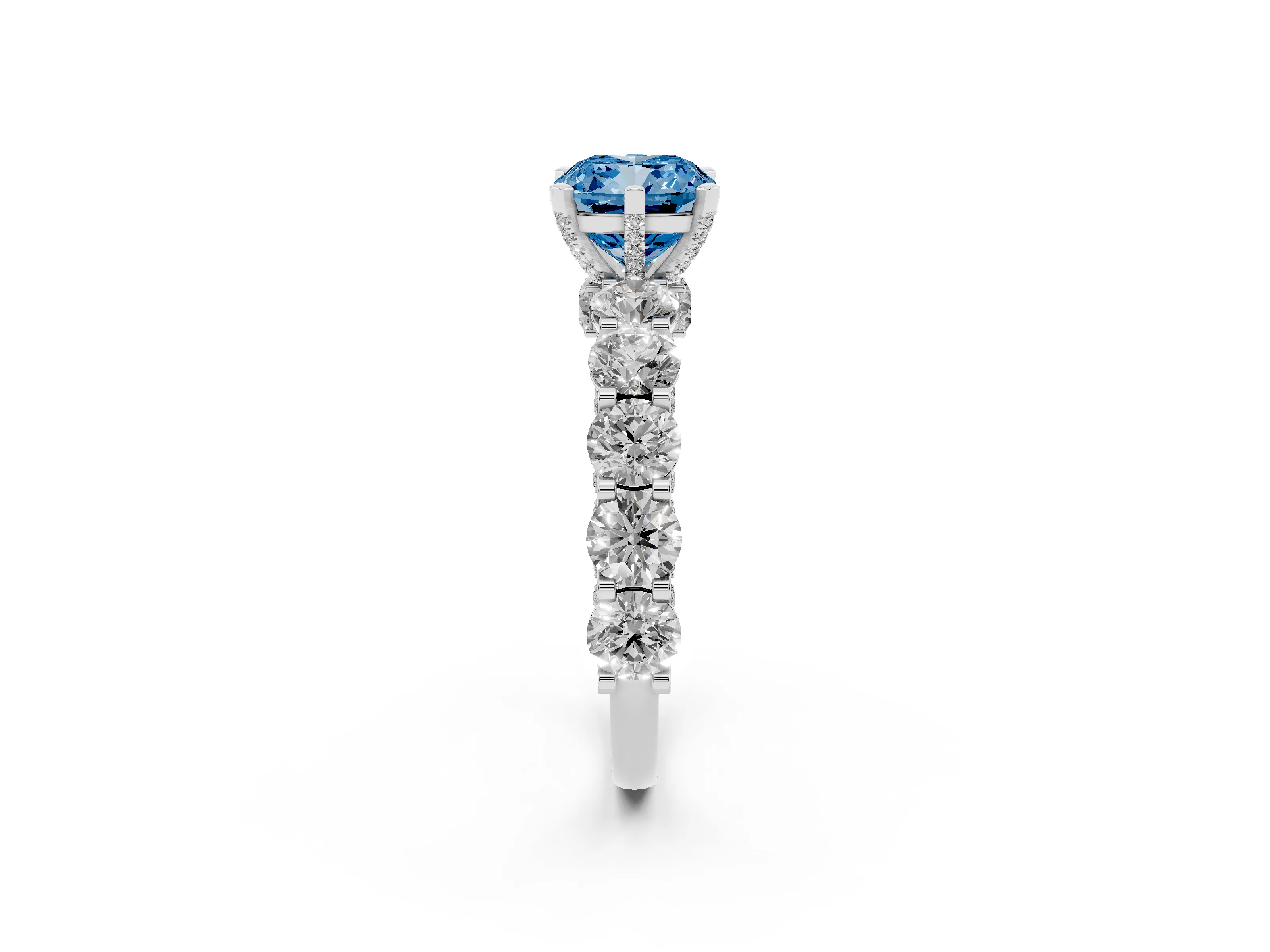 Fancy Blue Cushion Cut Diamond Side Stone Ring Set in Platinum with Alternating Round and Oval Side Stones