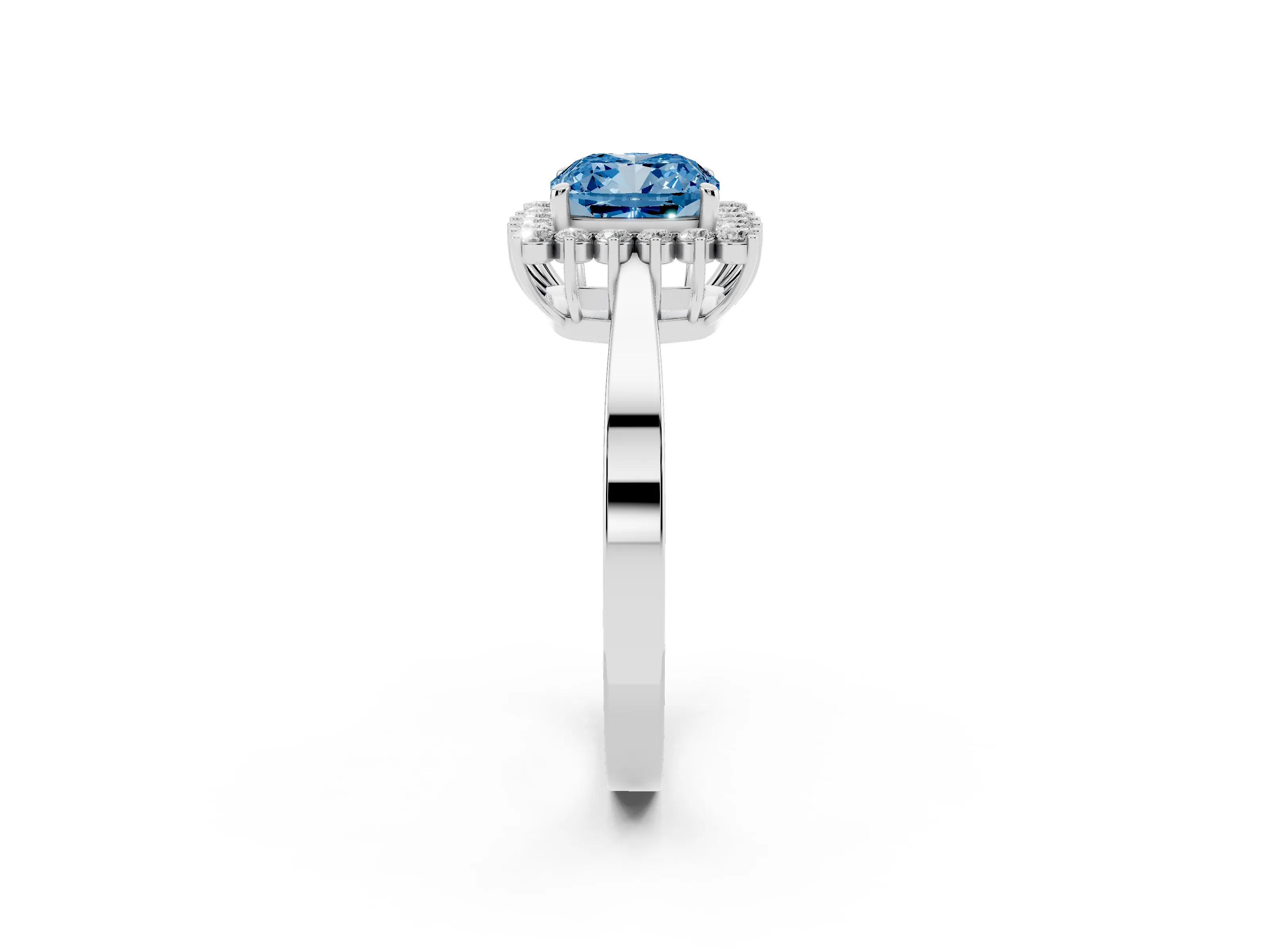 Fancy Blue Cushion Cut Diamond Halo Ring Set in White gold with Round Halo and Smooth Solitaire Band