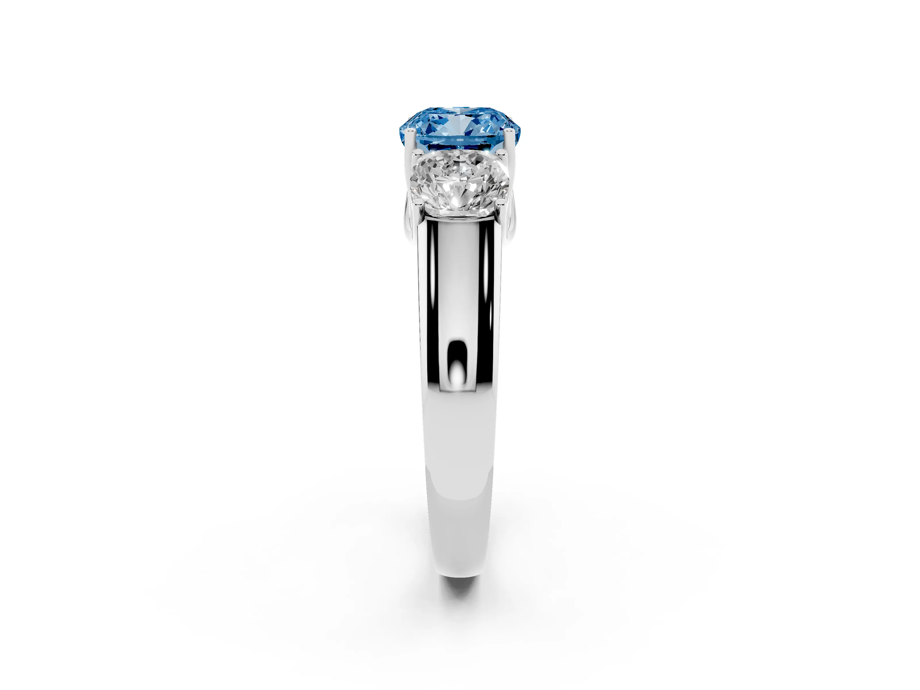 Fancy Blue Three-Stone Cushion Cut Diamond Ring Set in Silver with Matching Prong Settings and Plain Band