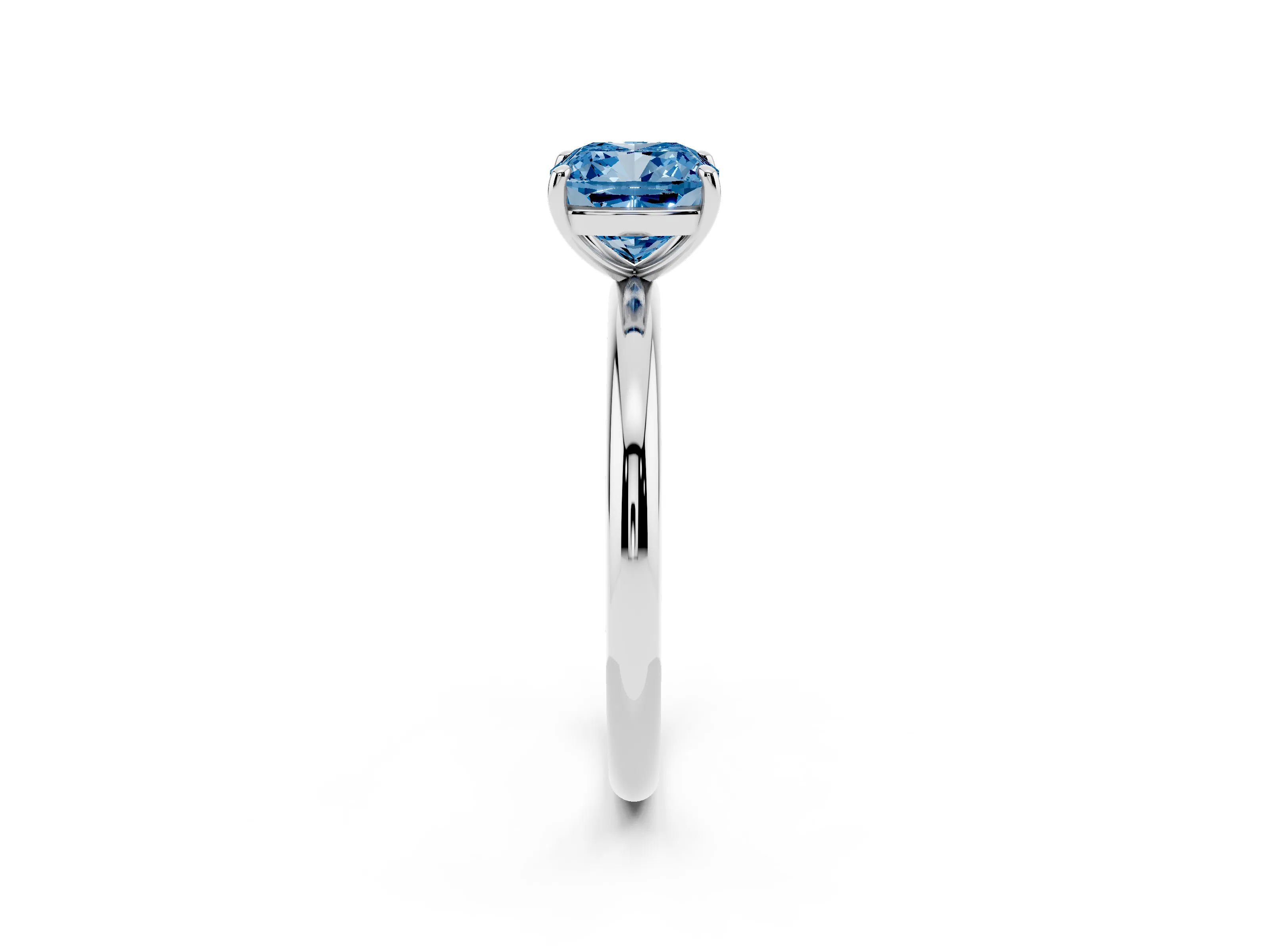 Fancy Blue Cushion Cut Diamond Solitaire Ring Set in Silver with Prong Setting on a Polished Plain Band
