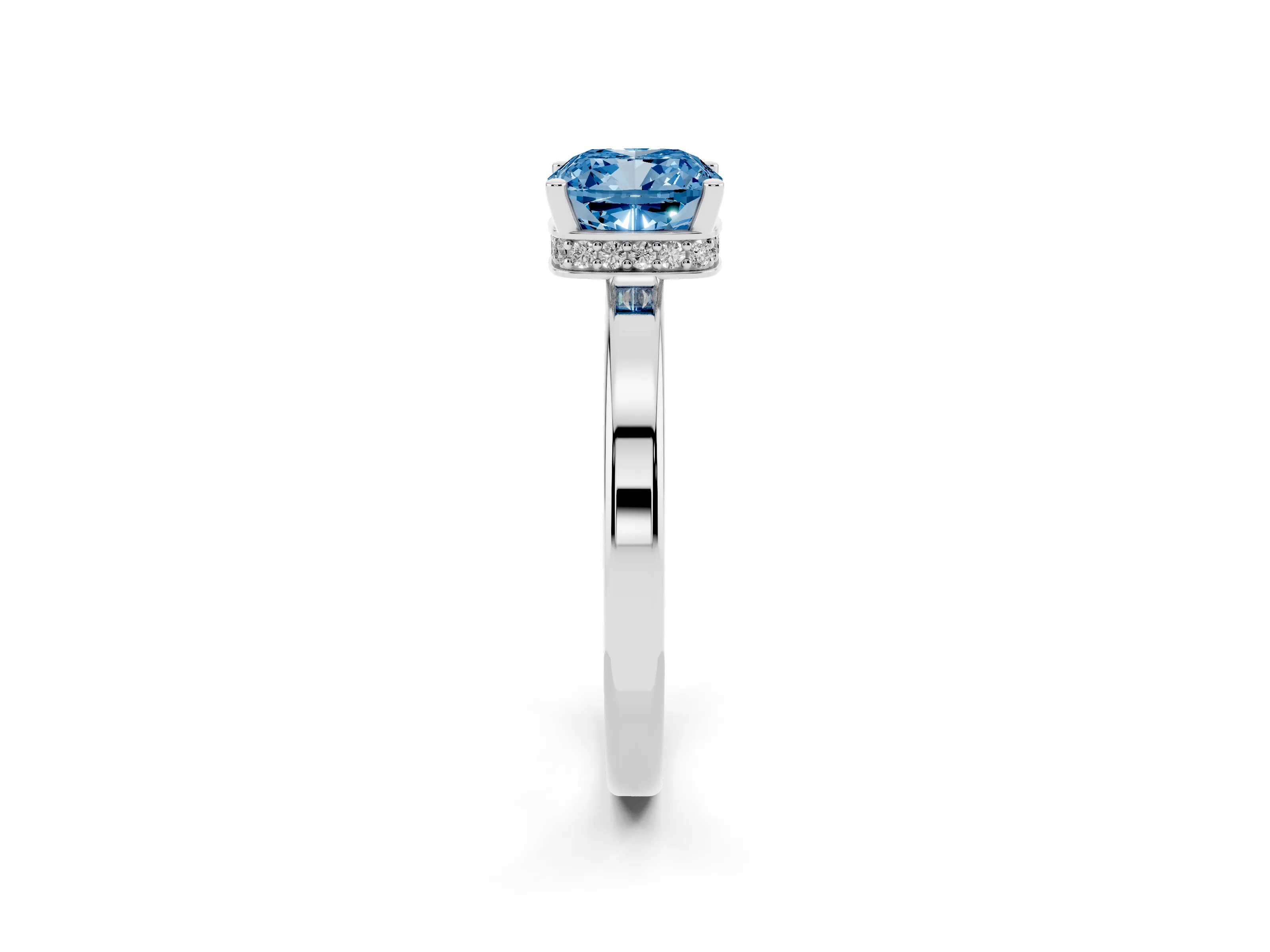 Fancy Blue Cushion Cut Diamond Solitaire Engagement Ring Set in Platinum with Prong Setting on a Plain Band