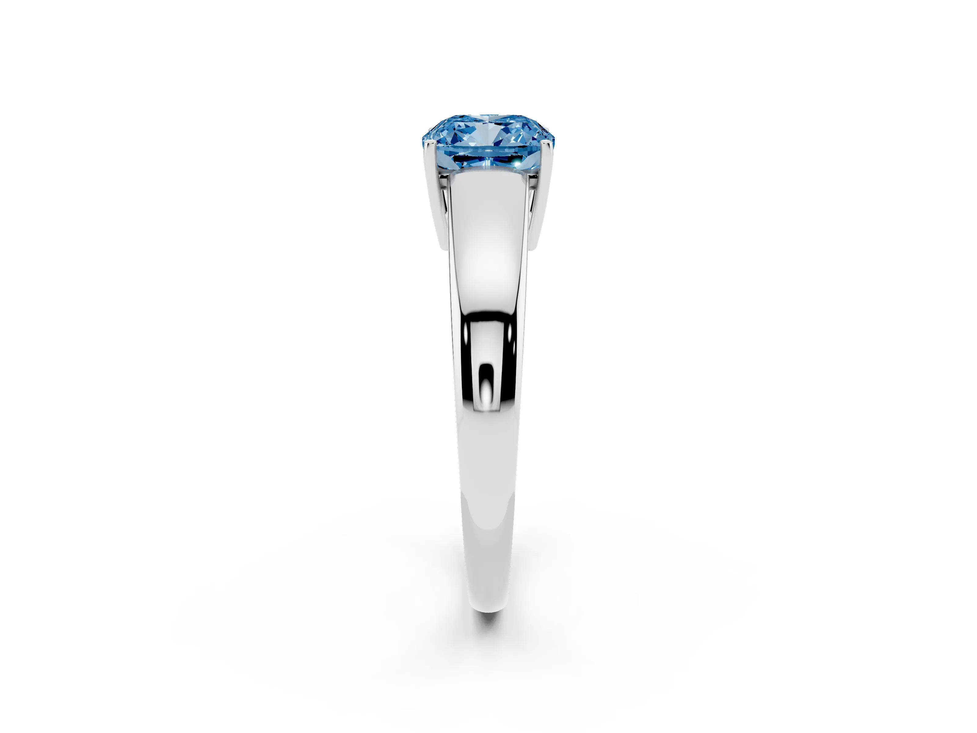 Fancy Blue Cushion Cut Diamond Solitaire Ring Set in White gold with Tapered Band and Prong Setting
