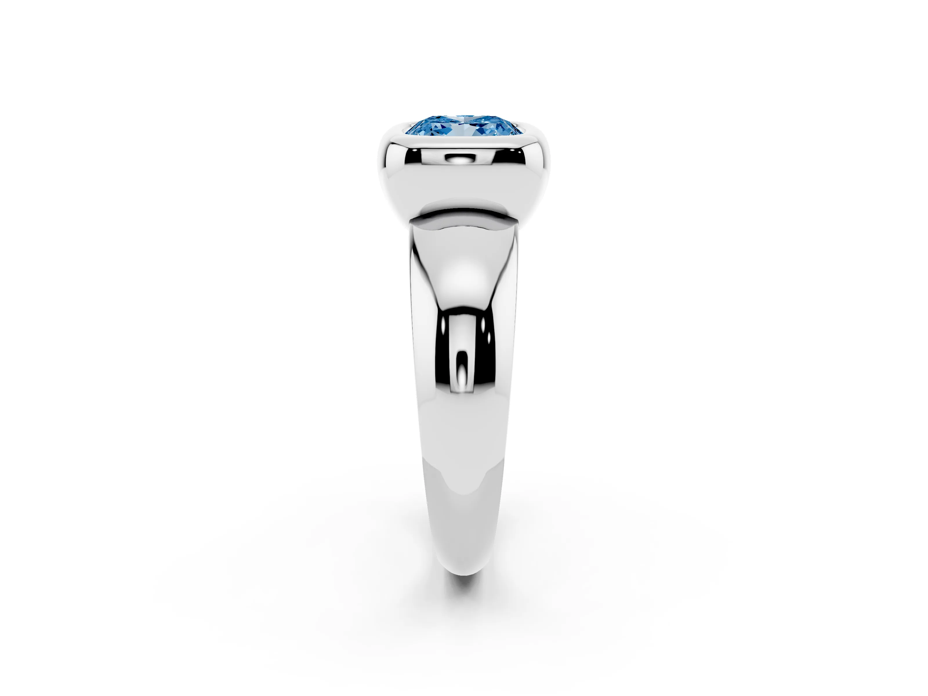 Fancy Blue Bezel Set Cushion Cut Diamond Solitaire Ring Set in Platinum with Wide Band