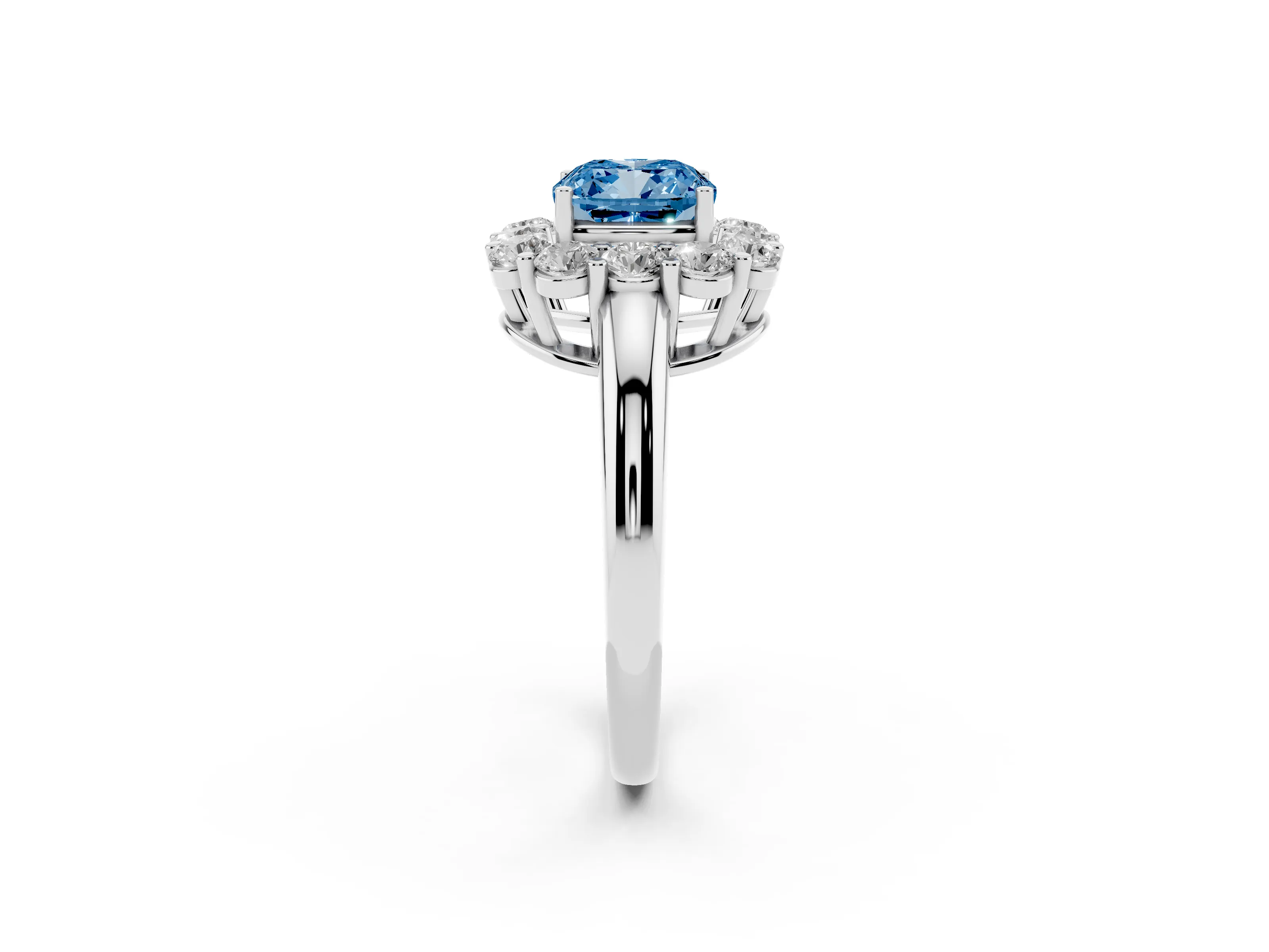 Fancy Blue Cushion Cut Diamond Halo Cluster Engagement Ring Set in Silver with Polished Band and Prong Setting