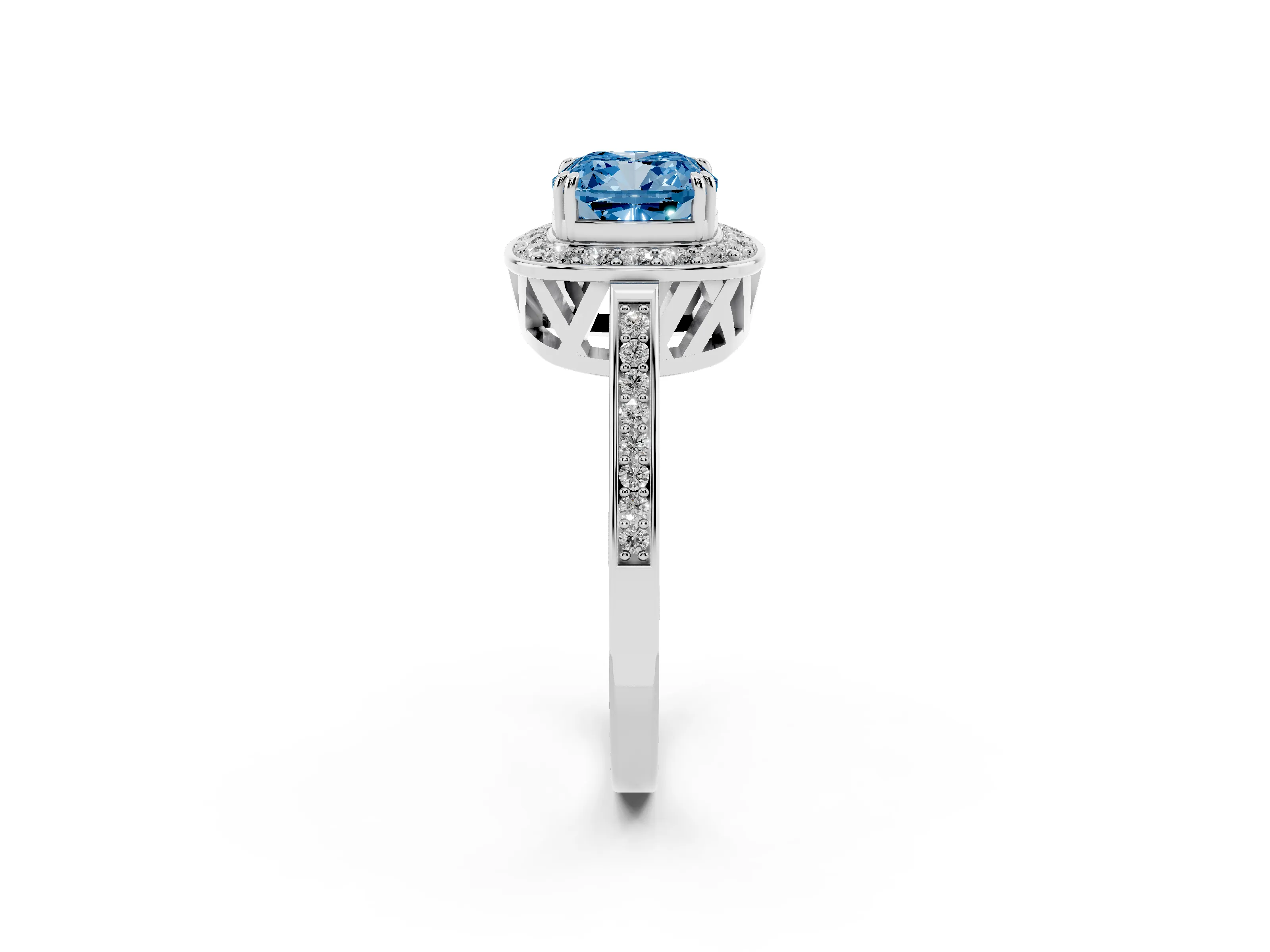 Fancy Blue Cushion Cut Diamond Halo Ring Set in Platinum with Accent-Lined Split Shank and Prong Setting