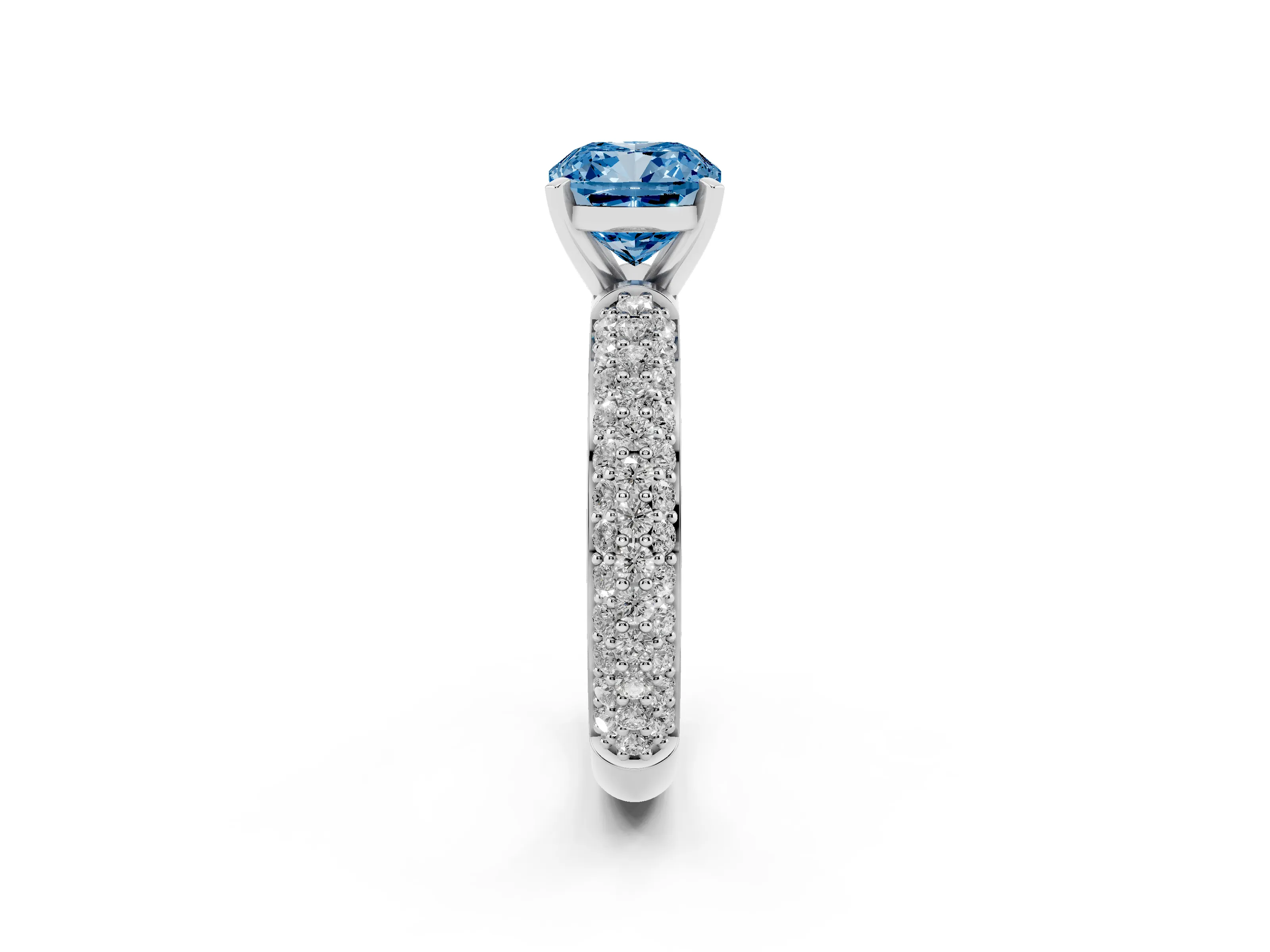 Fancy Blue Cushion Cut Diamond Solitaire Ring Set in White gold with Prong Setting and Pavé-Set Band