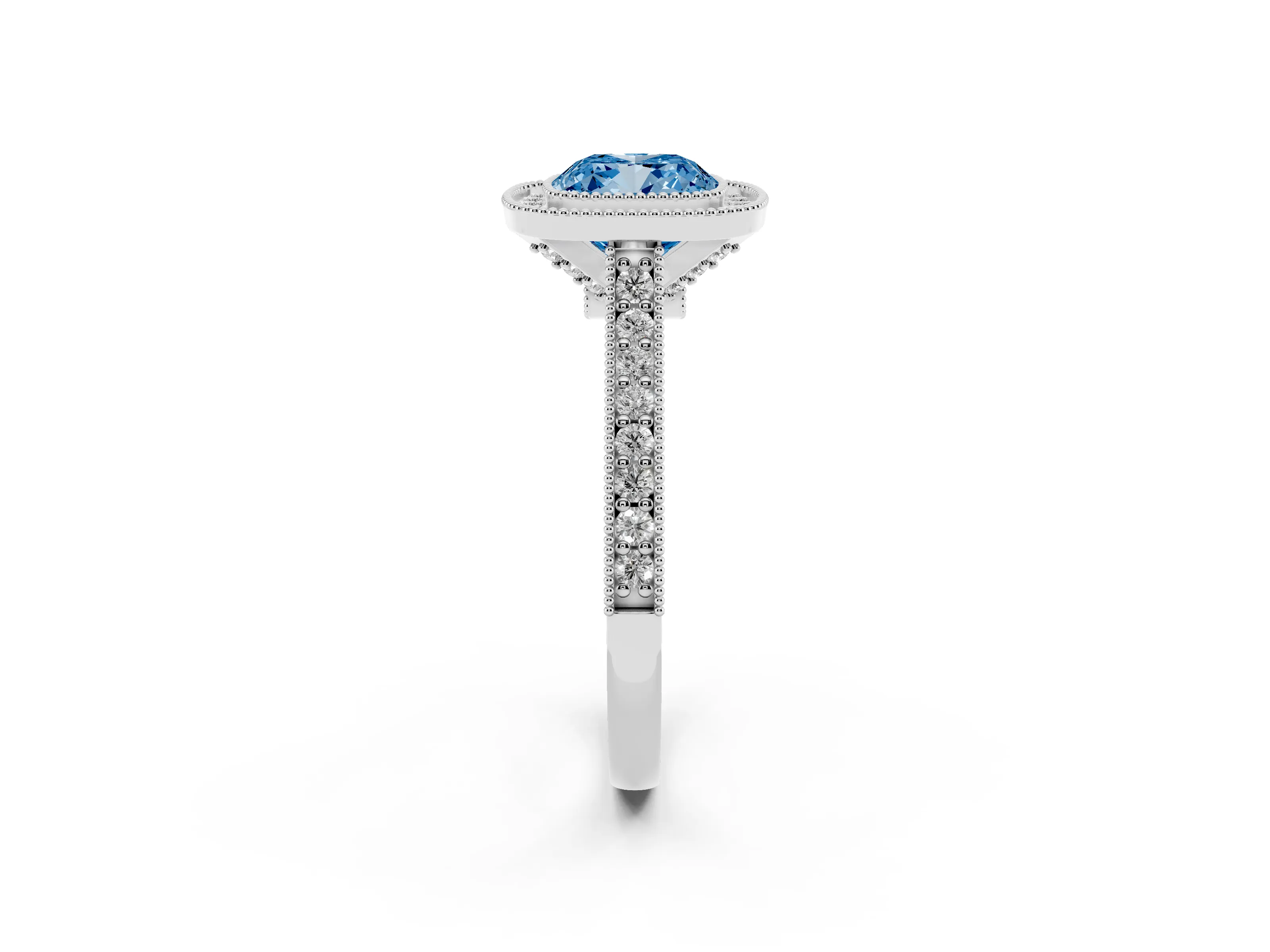 Fancy Blue Cushion Cut Diamond Halo Milgrain Pavé Band Ring Set in White gold with Prong Setting