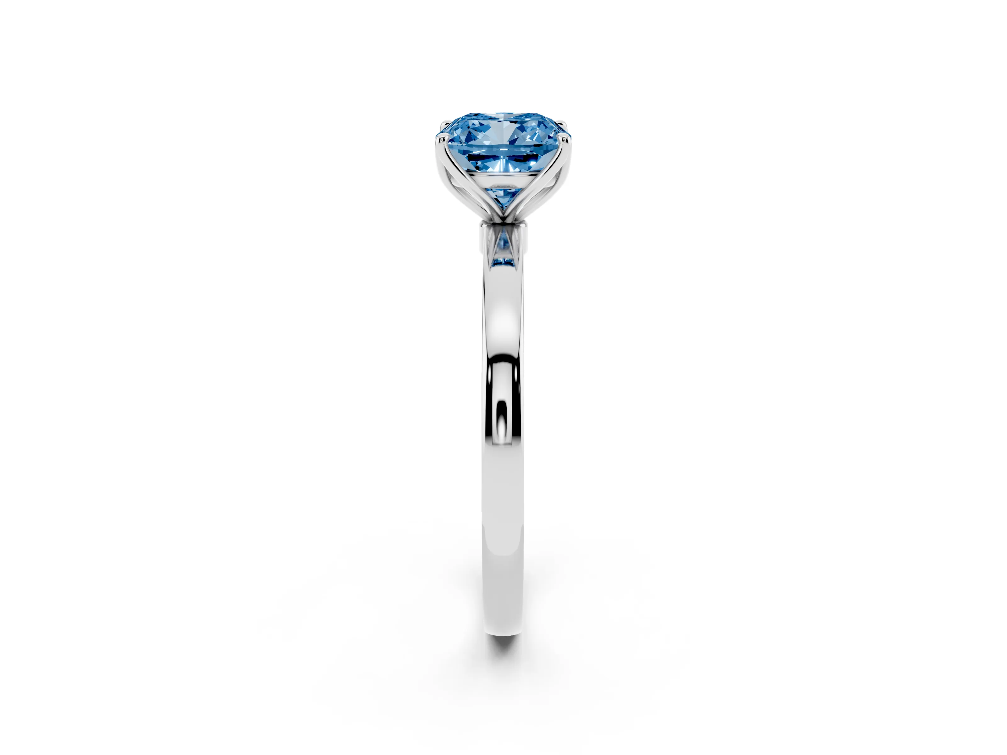 Fancy Blue Cushion Cut Diamond Solitaire Ring Set in White gold with Prong Setting and Thin Polished Band