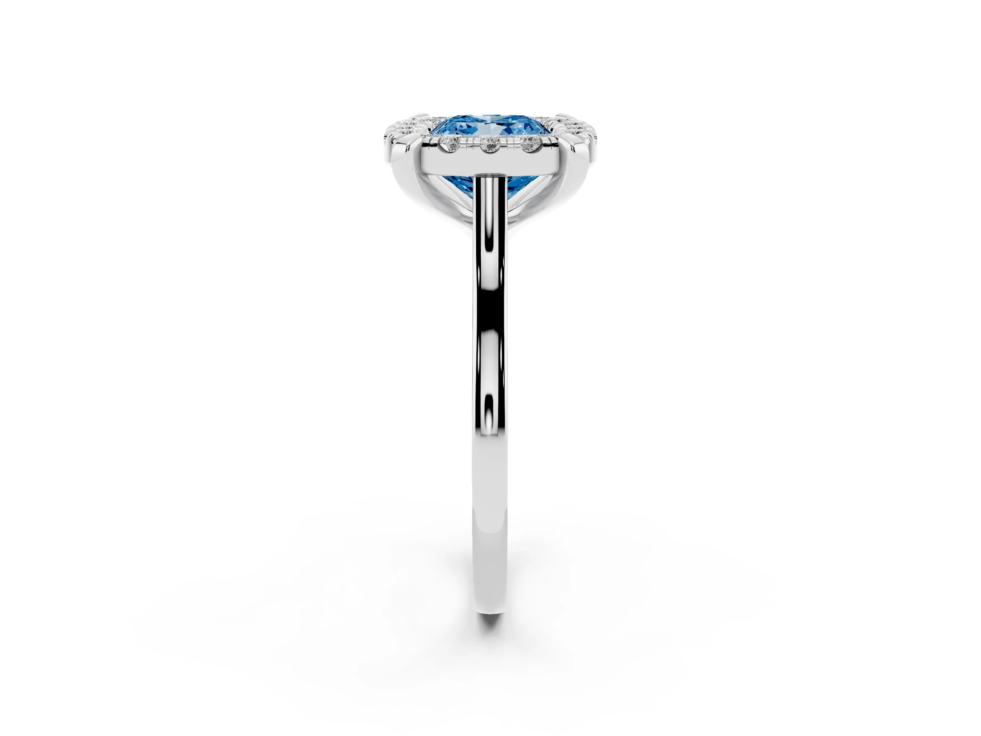Fancy Blue Cushion Cut Diamond Cluster Halo Solitaire Ring Set in Silver with Prong Setting