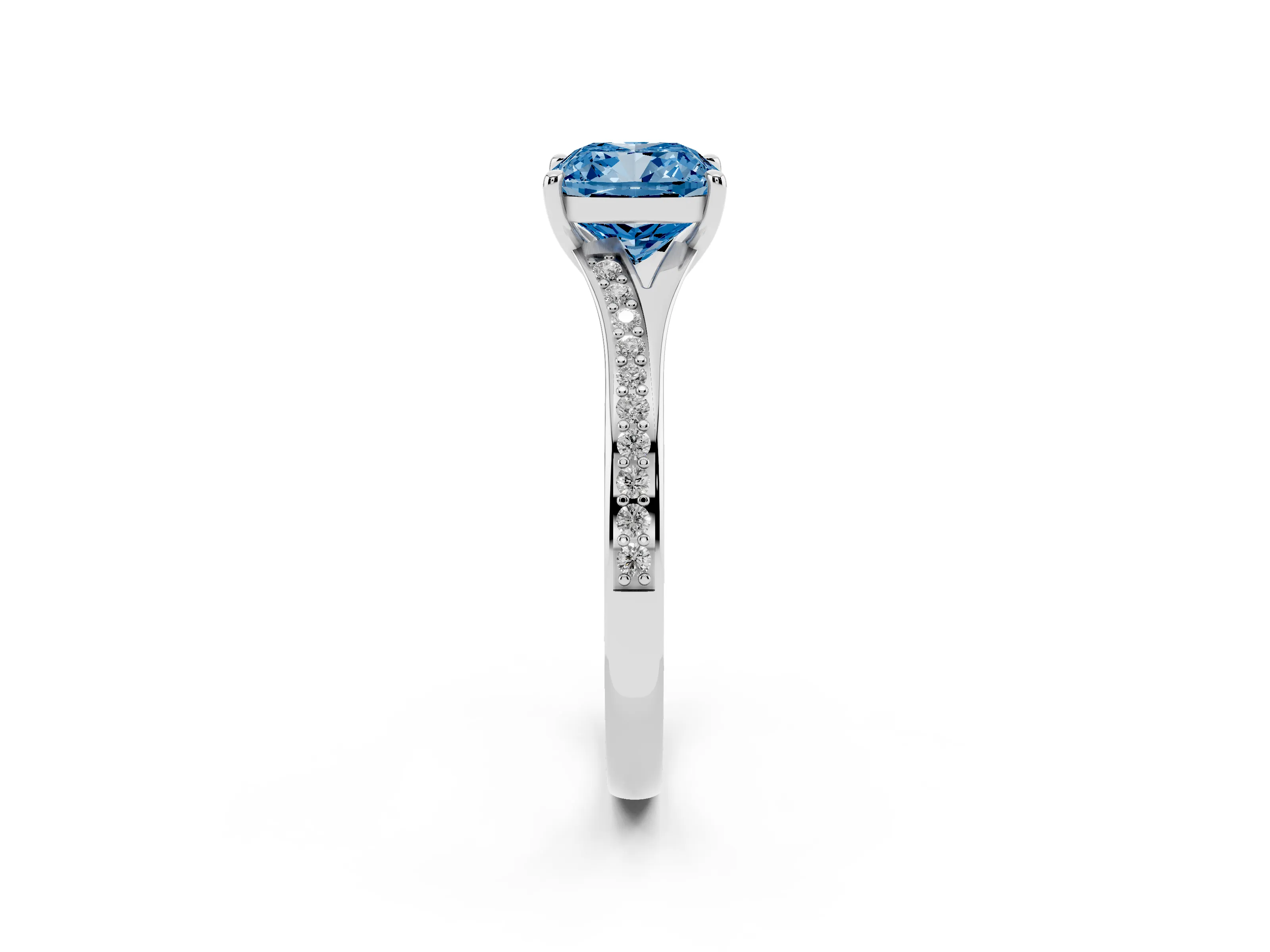 Fancy Blue Cushion Cut Diamond Solitaire Ring Set in Silver with Pavé Accent Band and Classic Prong Setting
