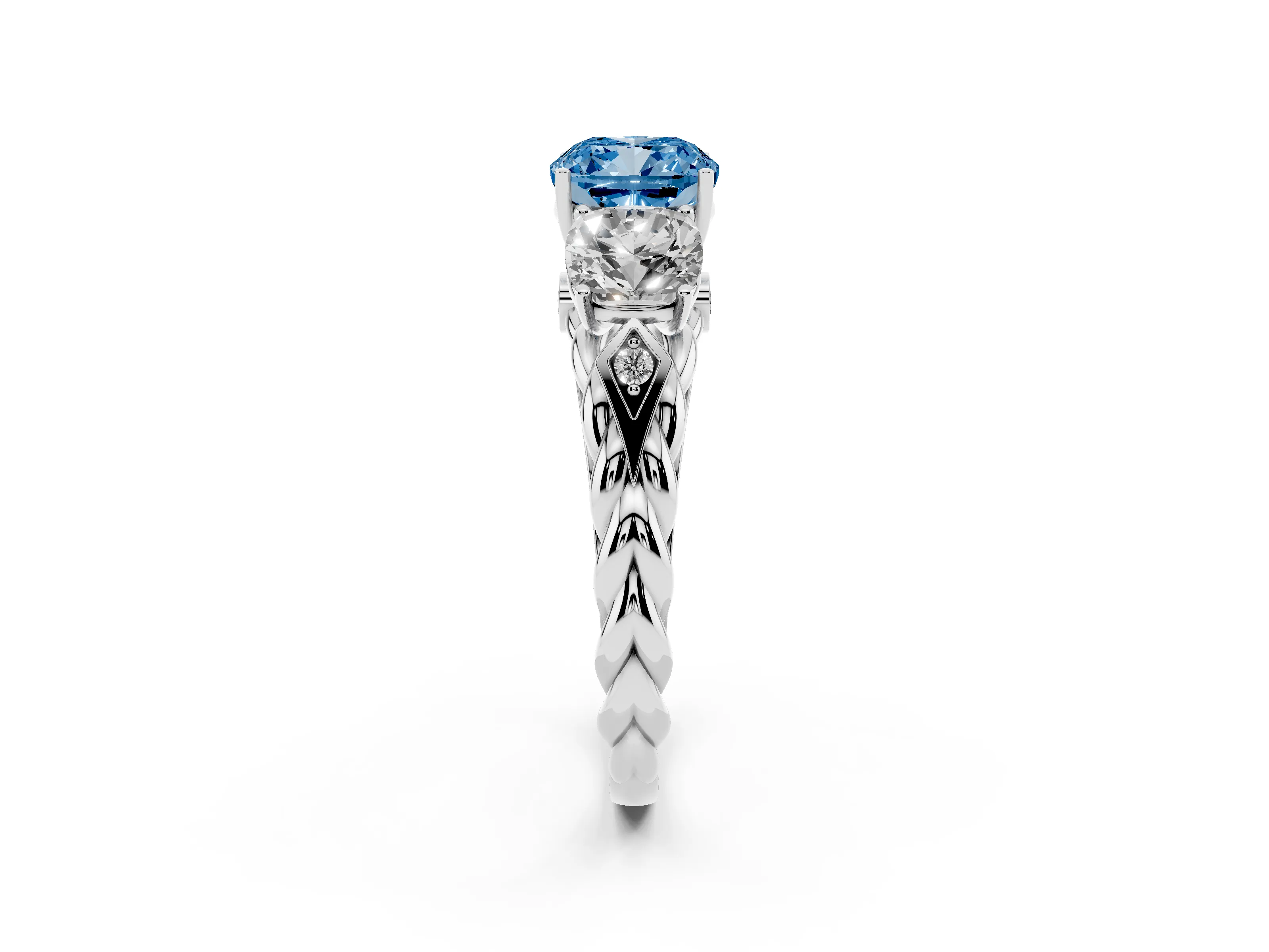 Fancy Blue Cushion Cut Diamond Three-Stone Ring Set in Silver with Braided Band