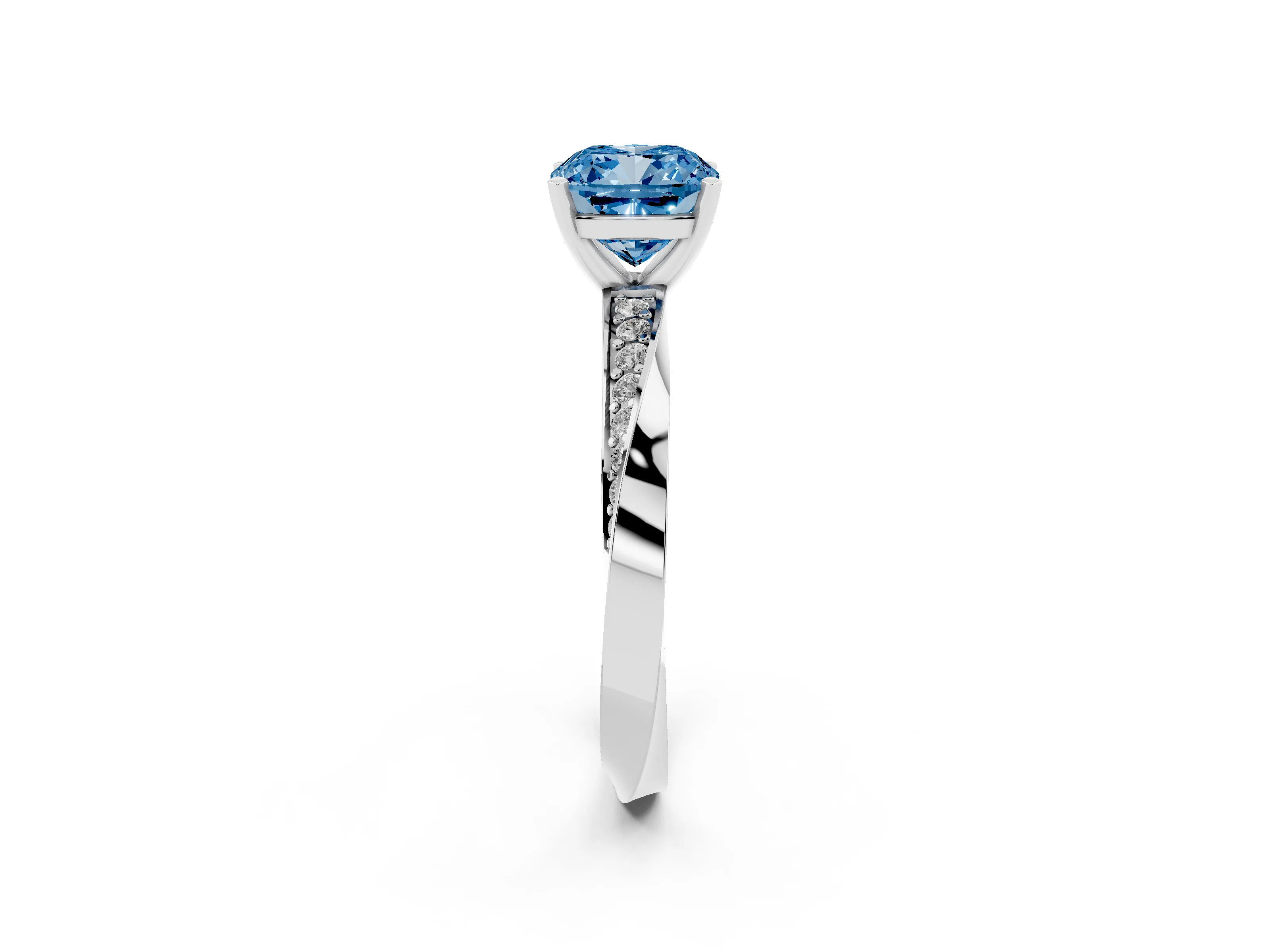 Fancy Blue Cushion Cut Diamond Engagement Ring Set in White gold with Side Stone Accents and Prong Setting