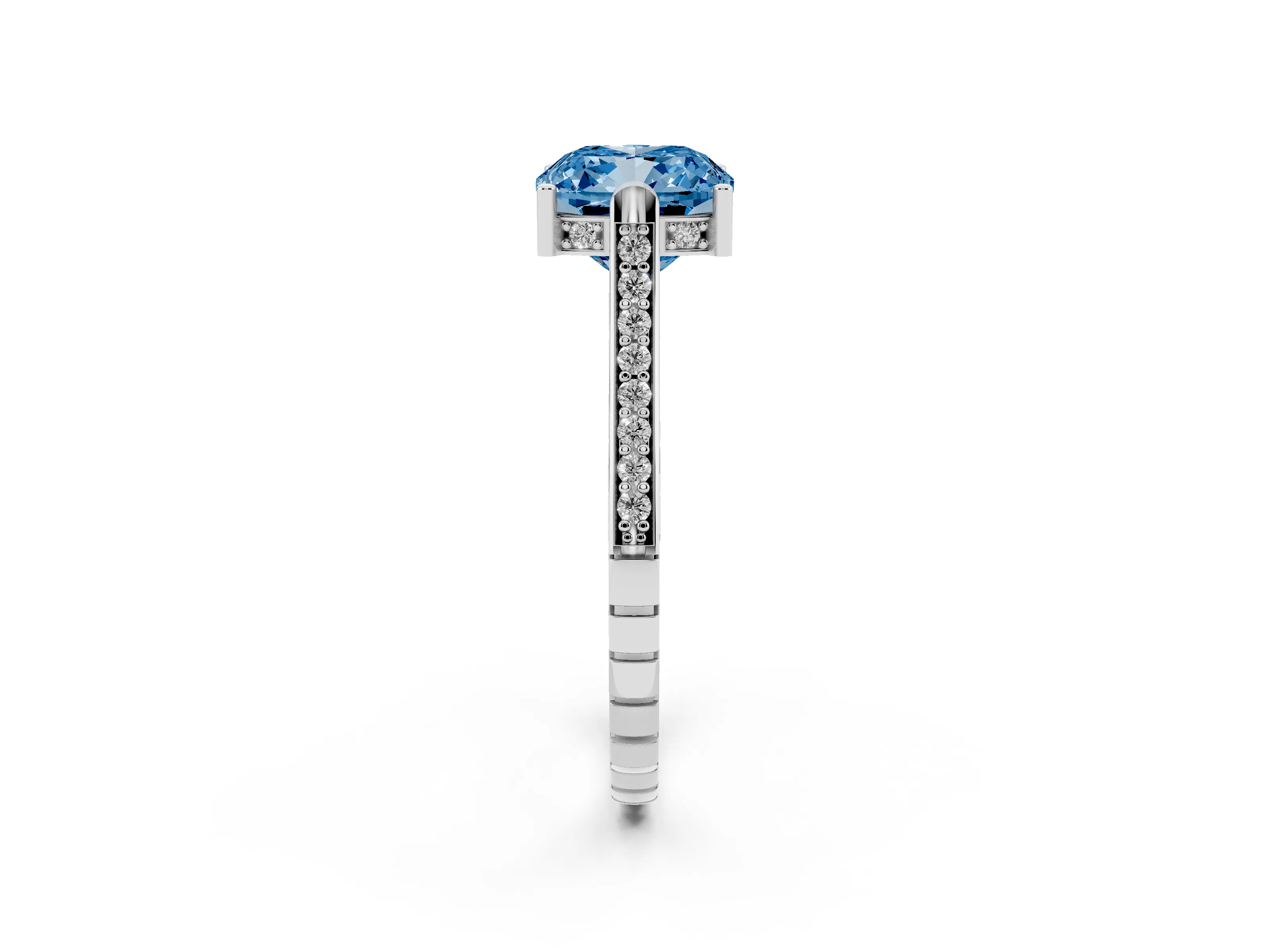 Fancy Blue Cushion Cut Diamond Solitaire Ring Set in White gold with Channel Set Band and Bezel Prong Setting