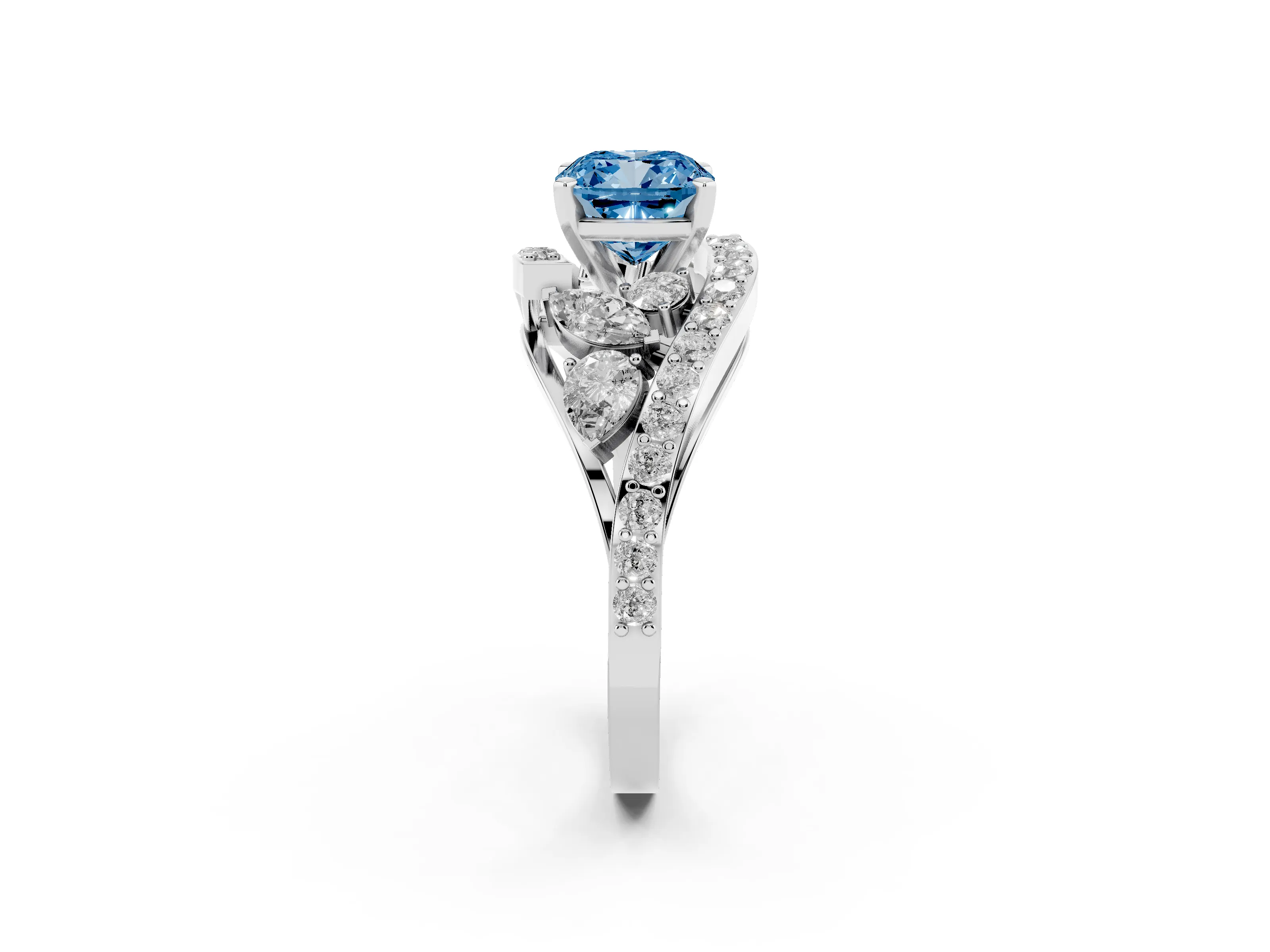 Fancy Blue Cushion Cut Diamond Halo Ring Set in White gold with Marquise and Pavé Band in Prong Setting
